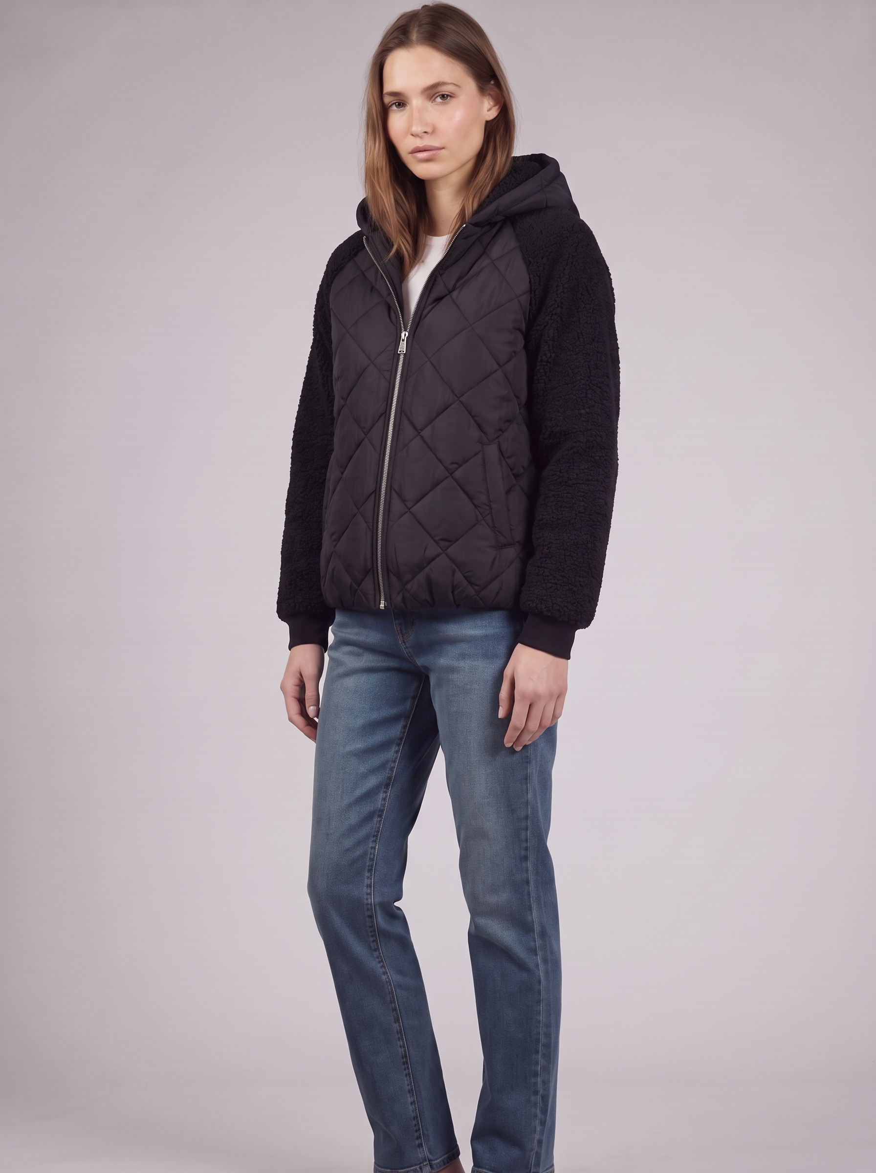 Clara | Black Sherpa Sleeve Quilted Jacket 3-4 Turn