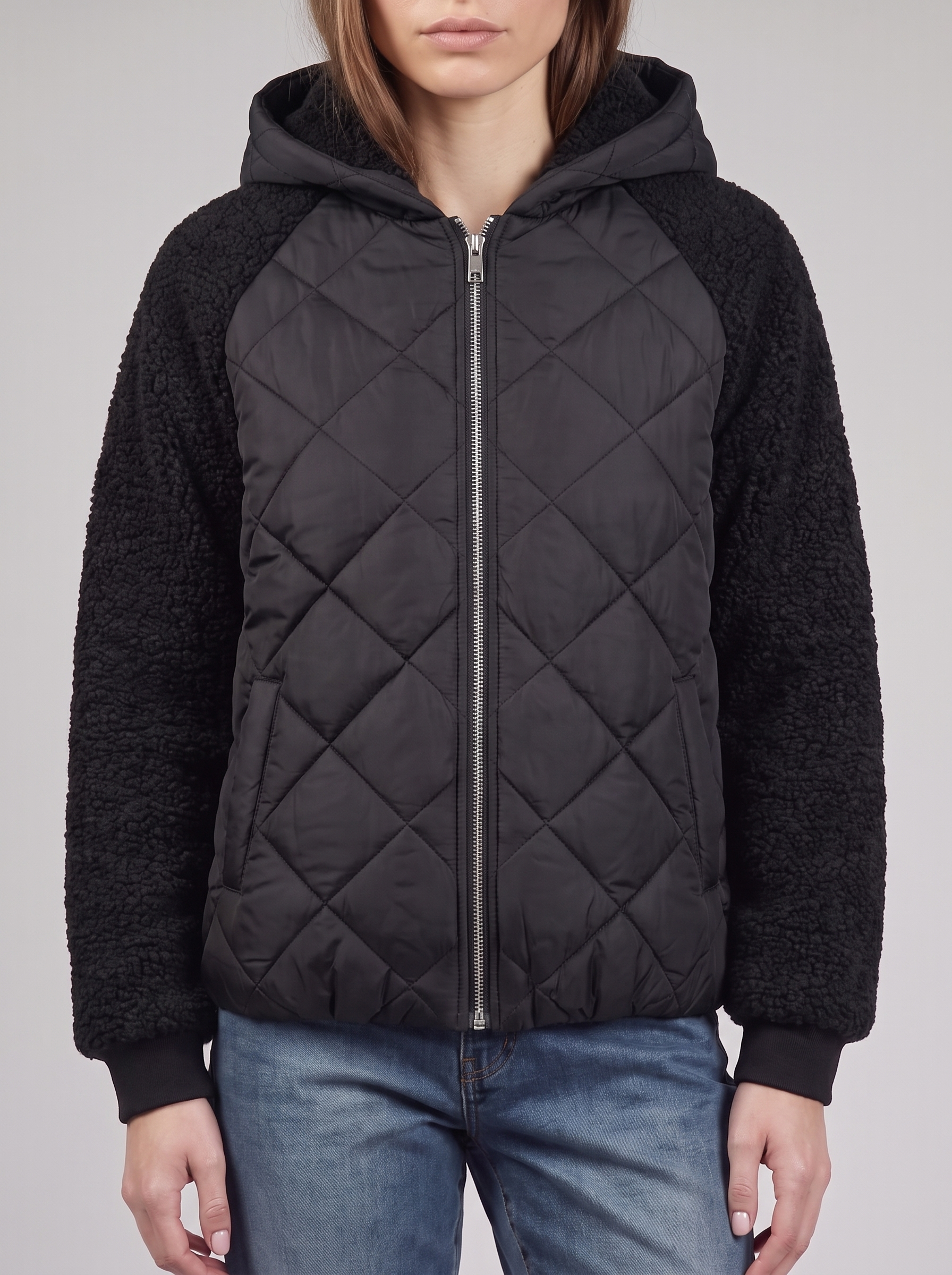 Clara | Black Sherpa Sleeve Quilted Jacket Close-Up
