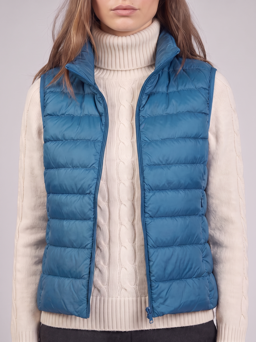 Clara | Blue Padded Puffer Vest Close-Up