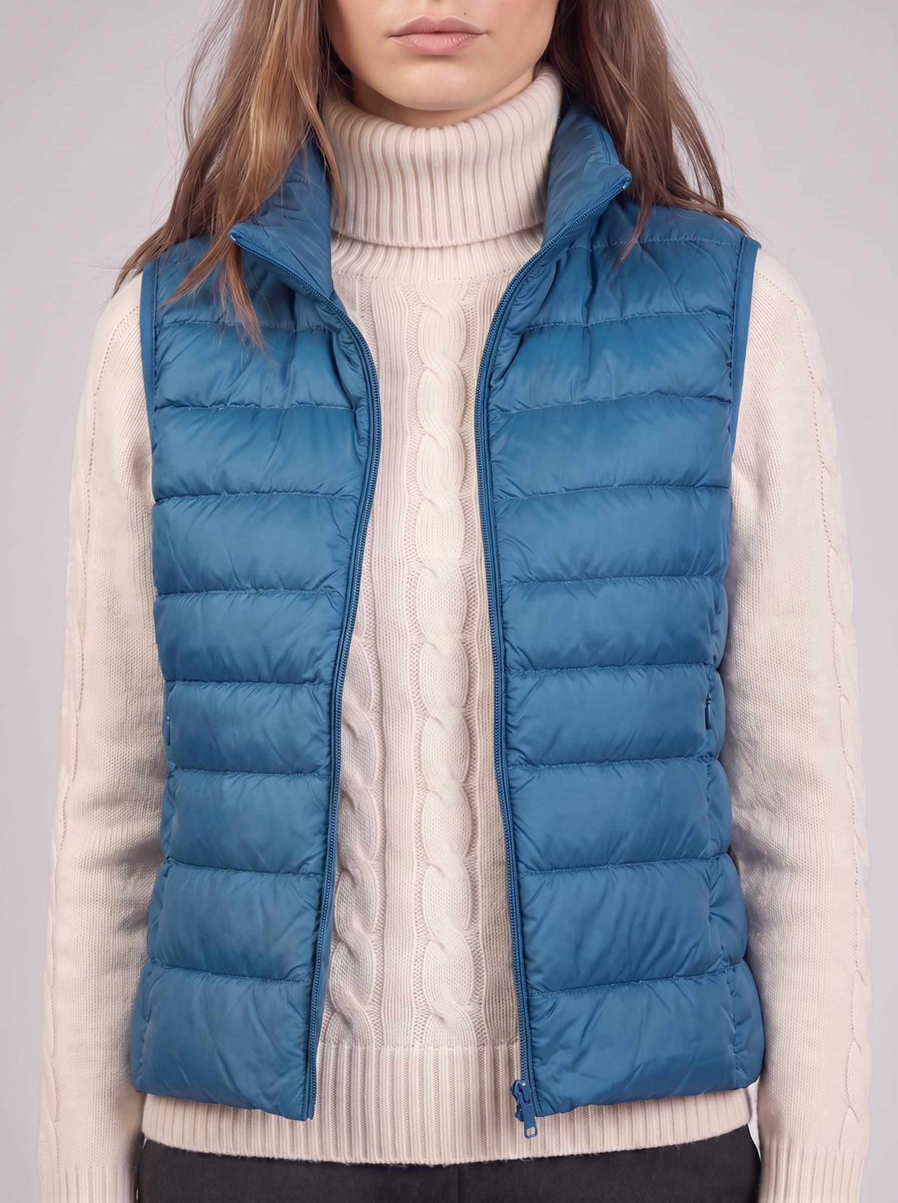 Clara | Blue Padded Puffer Vest Close-Up