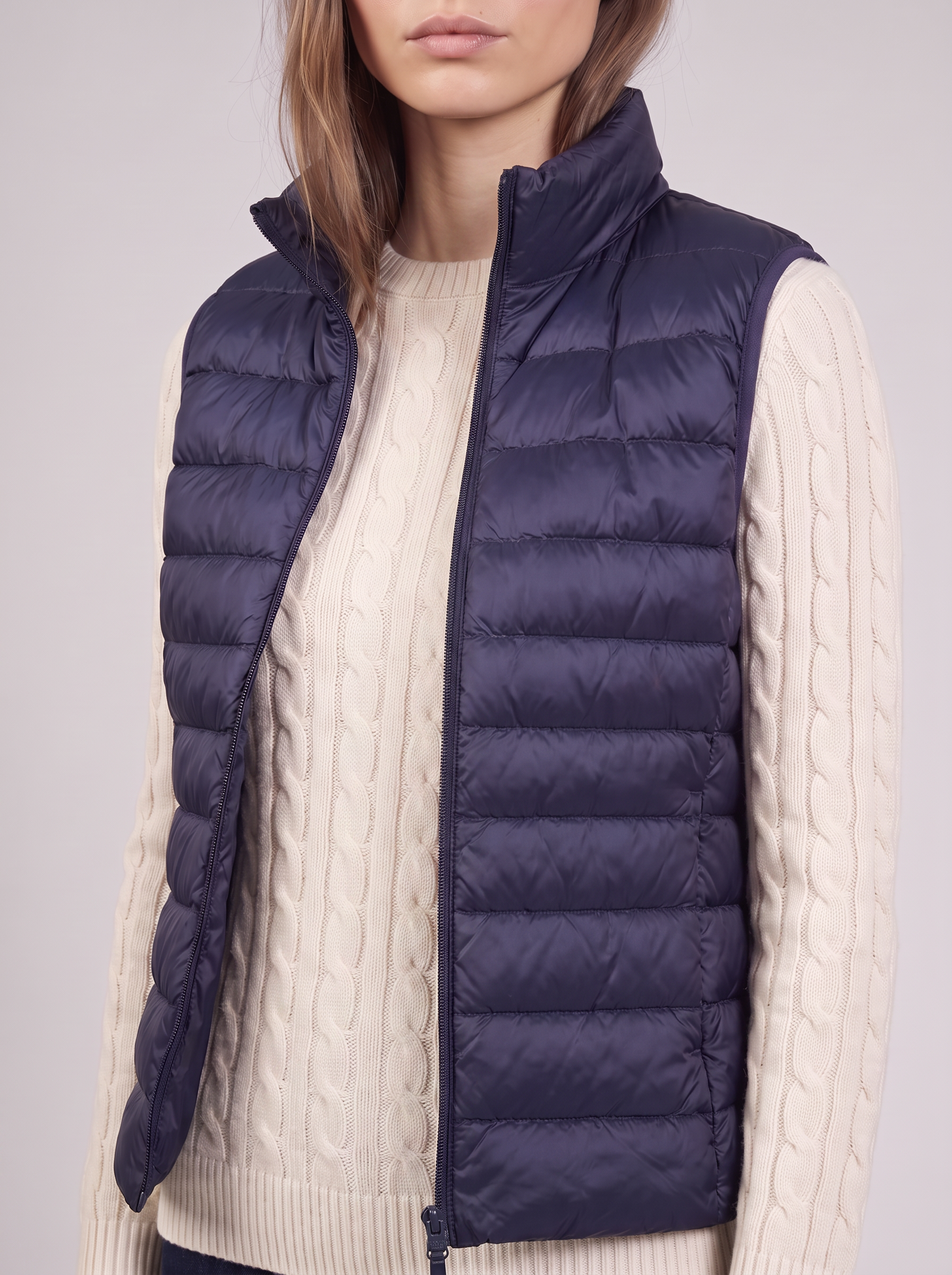 Clara | Navy Padded Puffer Vest Close-Up