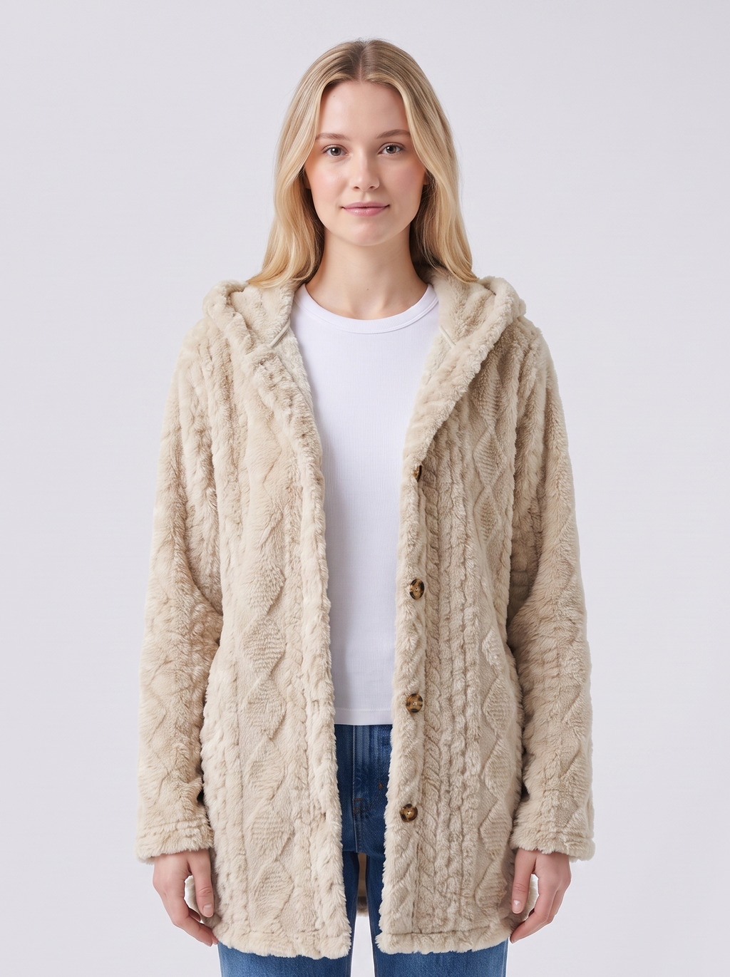 Lily | Beige Faux Fur Hooded Button-Up Jacket Featured