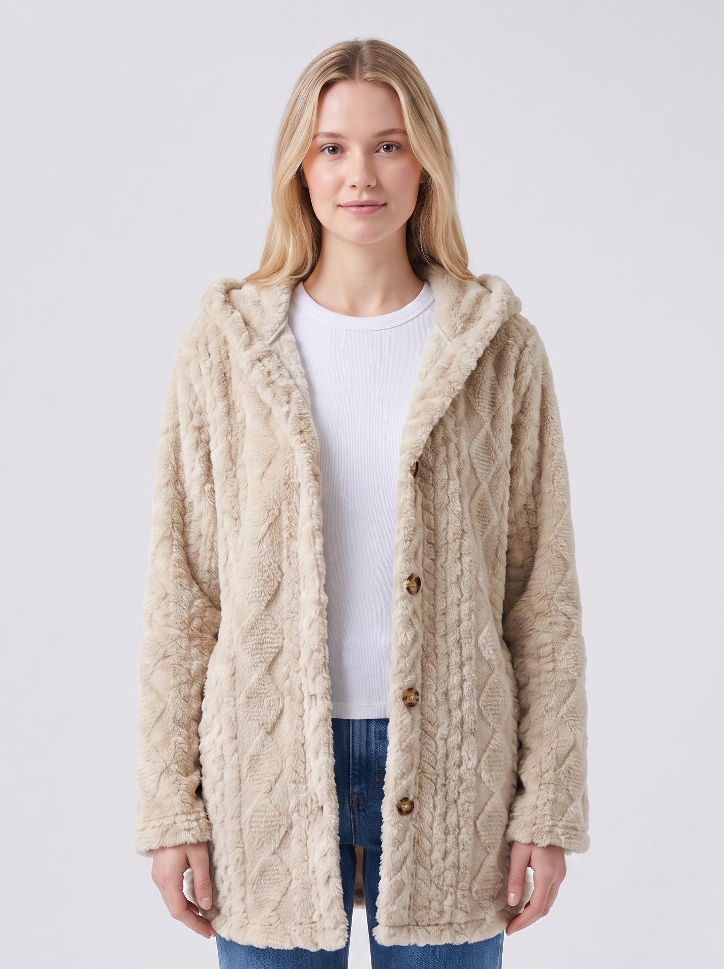 Lily | Beige Faux Fur Hooded Button-Up Jacket Featured