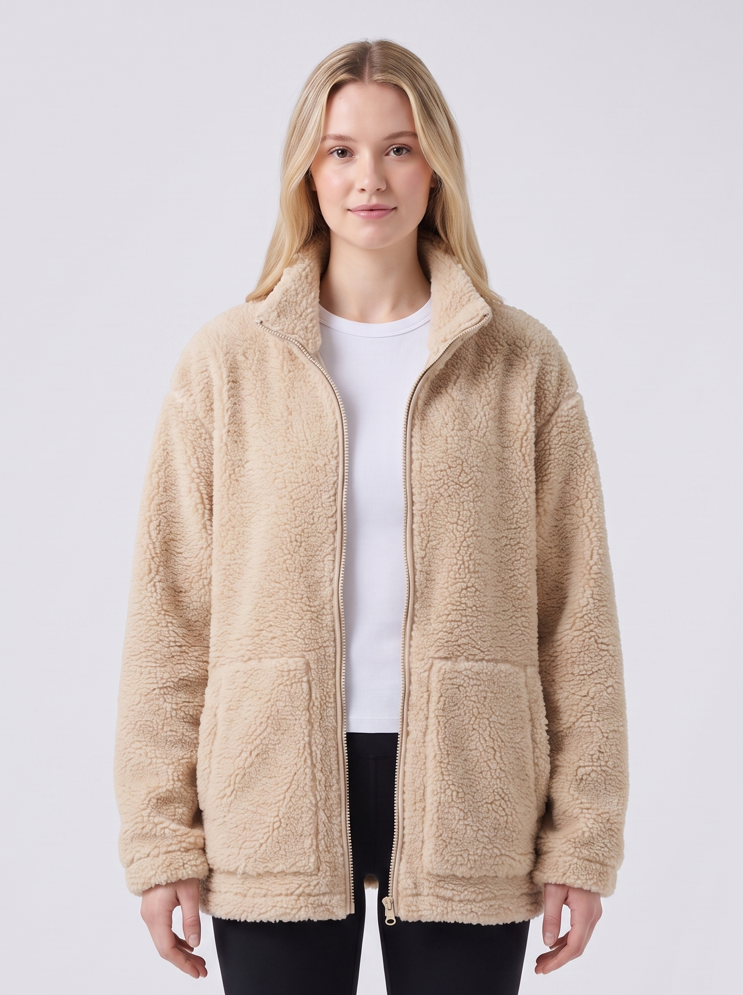 Lily | Beige Sherpa Teddy Zip-Up Jacket Featured