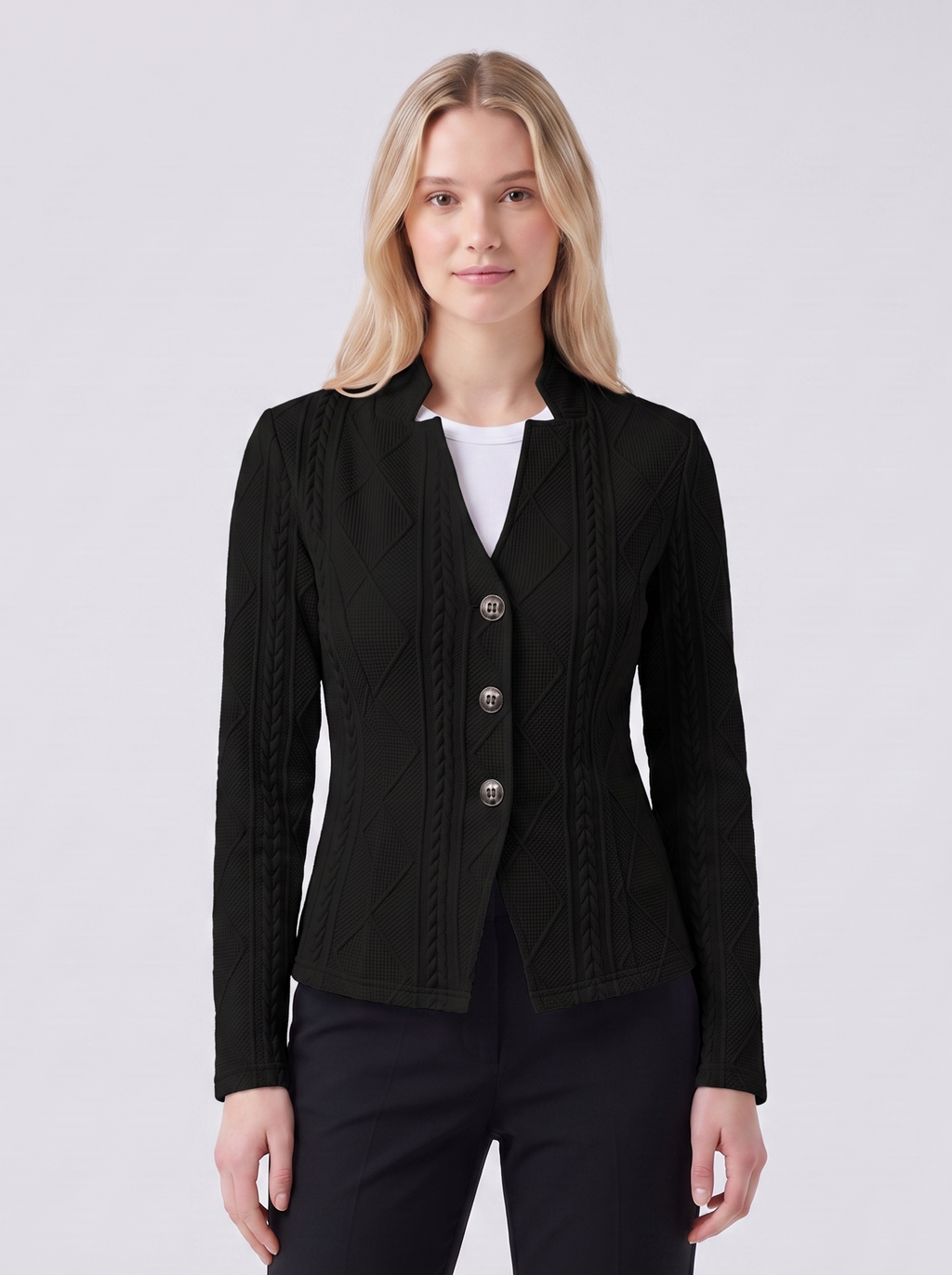 Lily | Black Textured Stand-Collar Knit Jacket Featured