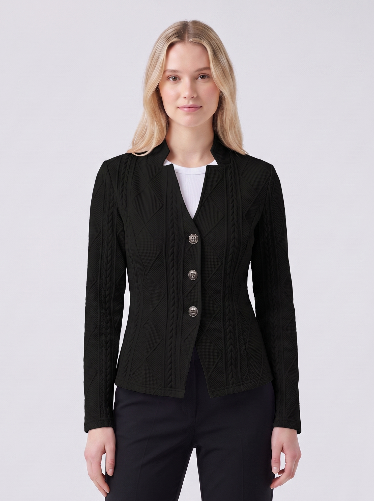 Lily | Black Textured Stand-Collar Knit Jacket Featured