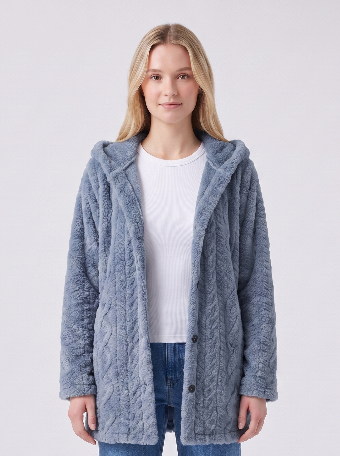 Lily | Blue Faux Fur Hooded Button-Up Jacket Featured