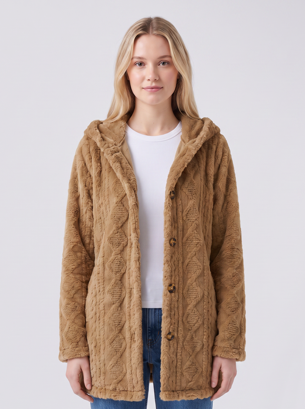 Lily | Brown Faux Fur Hooded Button-Up Jacket Featured