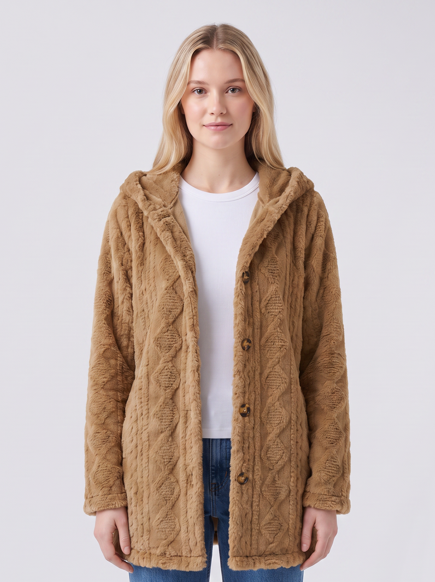 Lily | Brown Faux Fur Hooded Button-Up Jacket Featured