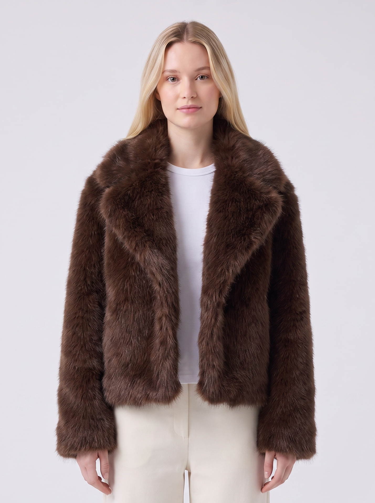 Lily | Brown Faux Fur Oversized Collar Jacket Featured