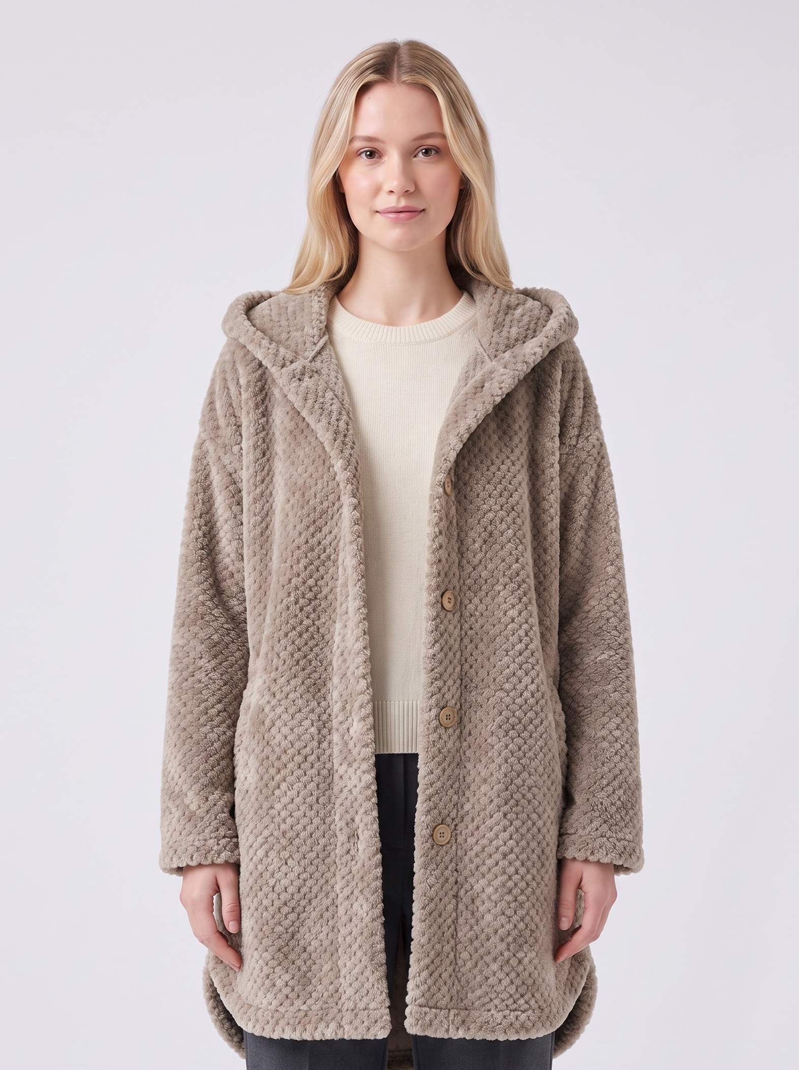 Lily | Beige Ribbed Hooded Button-Up Coat Featured