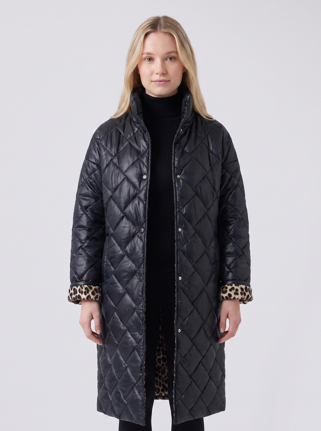 Lily | Black Reversible Quilted Leopard-Lined Coat Featured