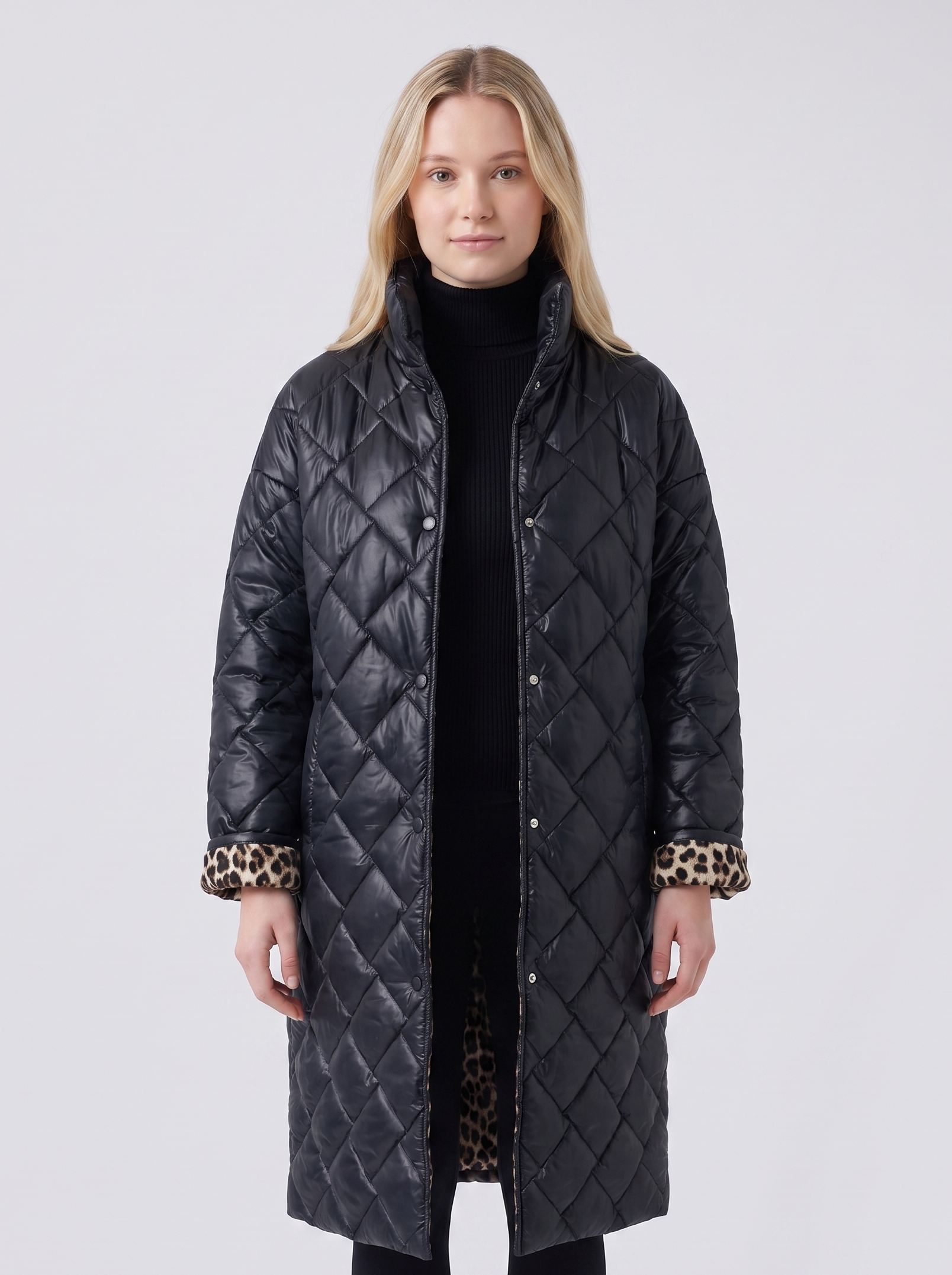 Lily | Black Reversible Quilted Leopard-Lined Coat Featured