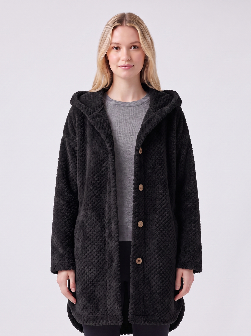 Lily | Black Ribbed Hooded Button-Up Coat Featured