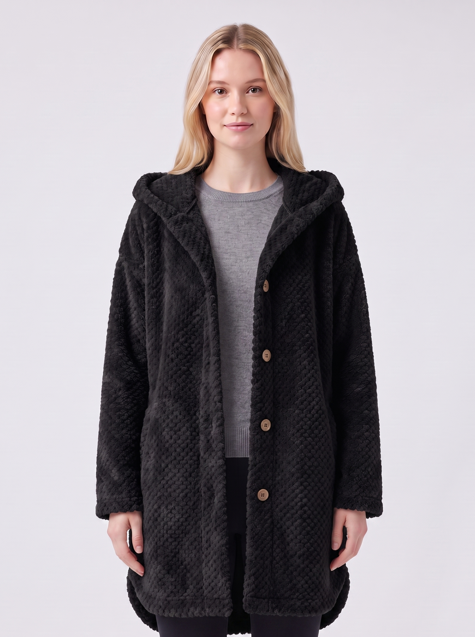 Lily | Black Ribbed Hooded Button-Up Coat Featured