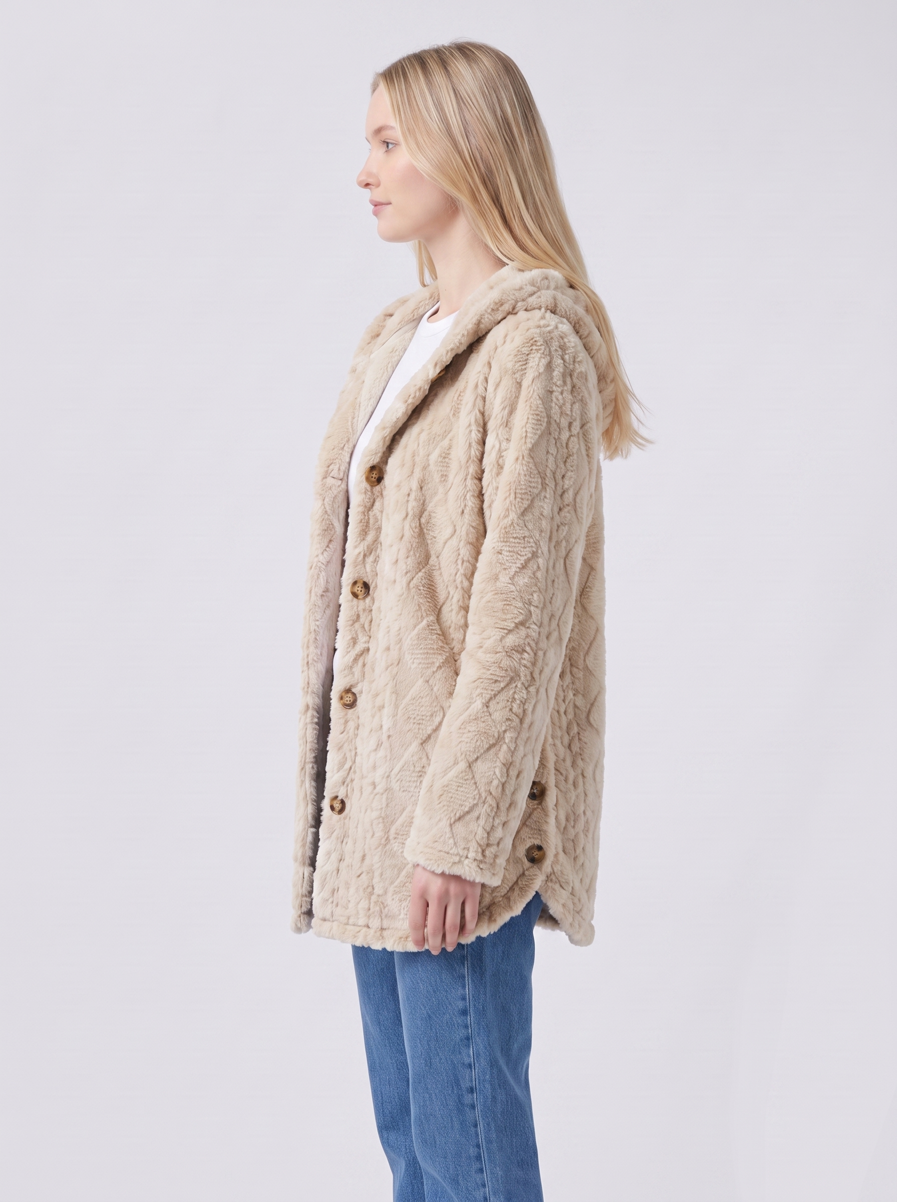 Lily | Beige Faux Fur Hooded Button-Up Jacket Side