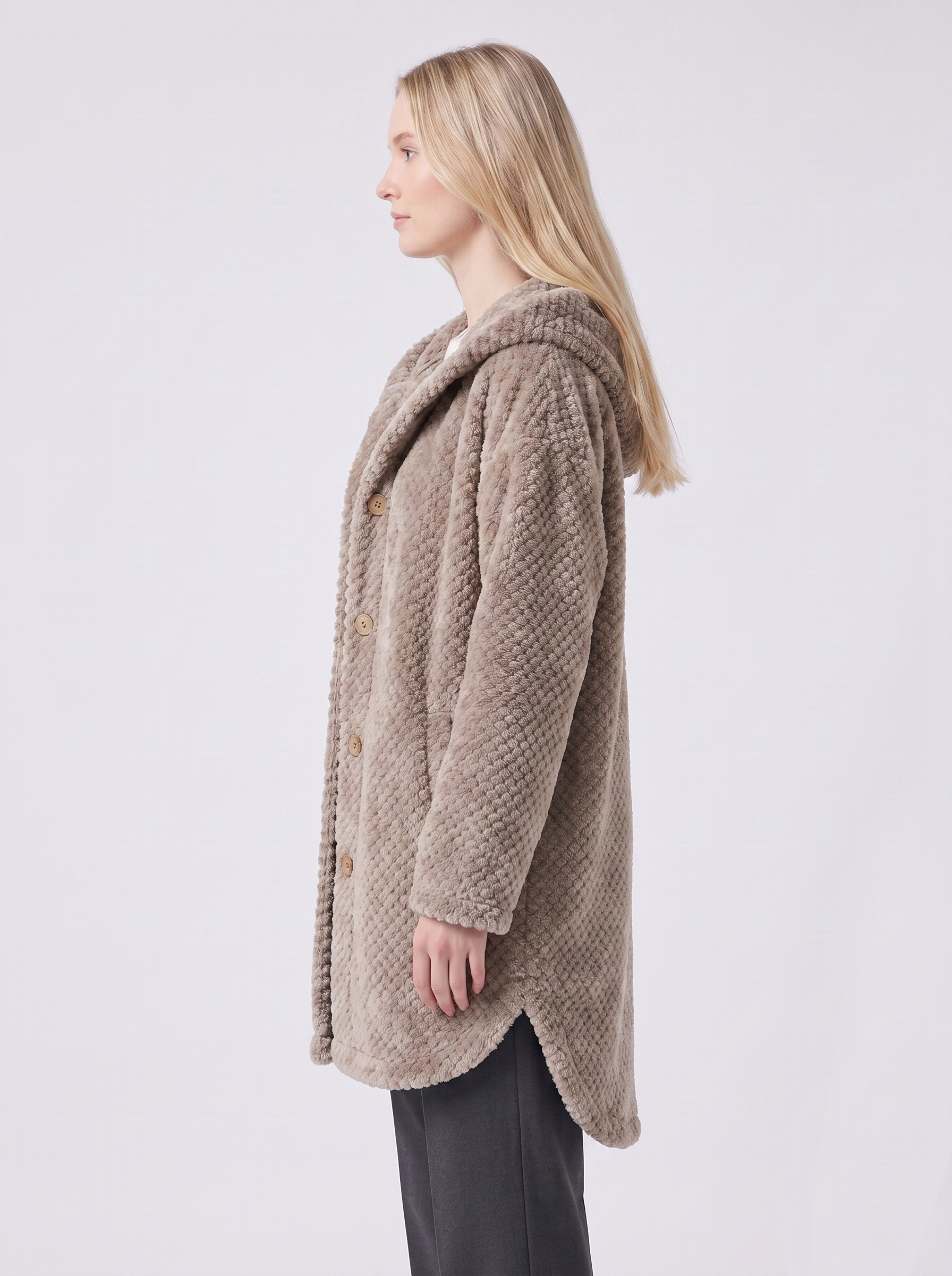 Lily | Beige Ribbed Hooded Button-Up Coat Side