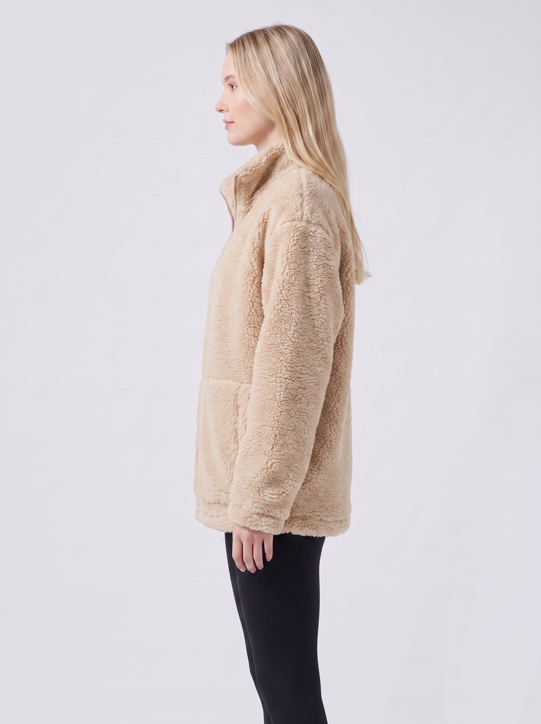 Lily | Beige Sherpa Teddy Zip-Up Jacket Side