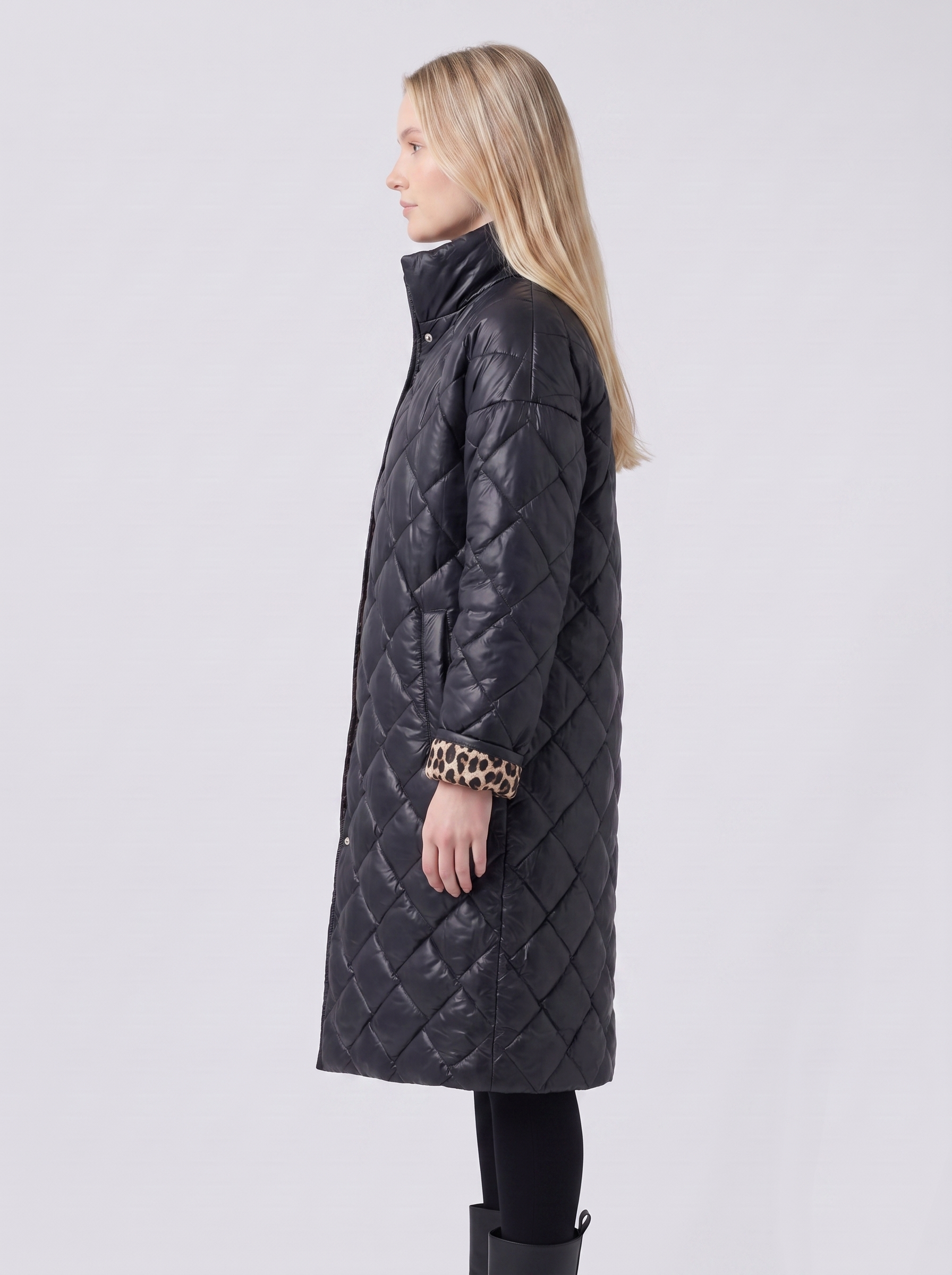 Lily | Black Reversible Quilted Leopard-Lined Coat Side