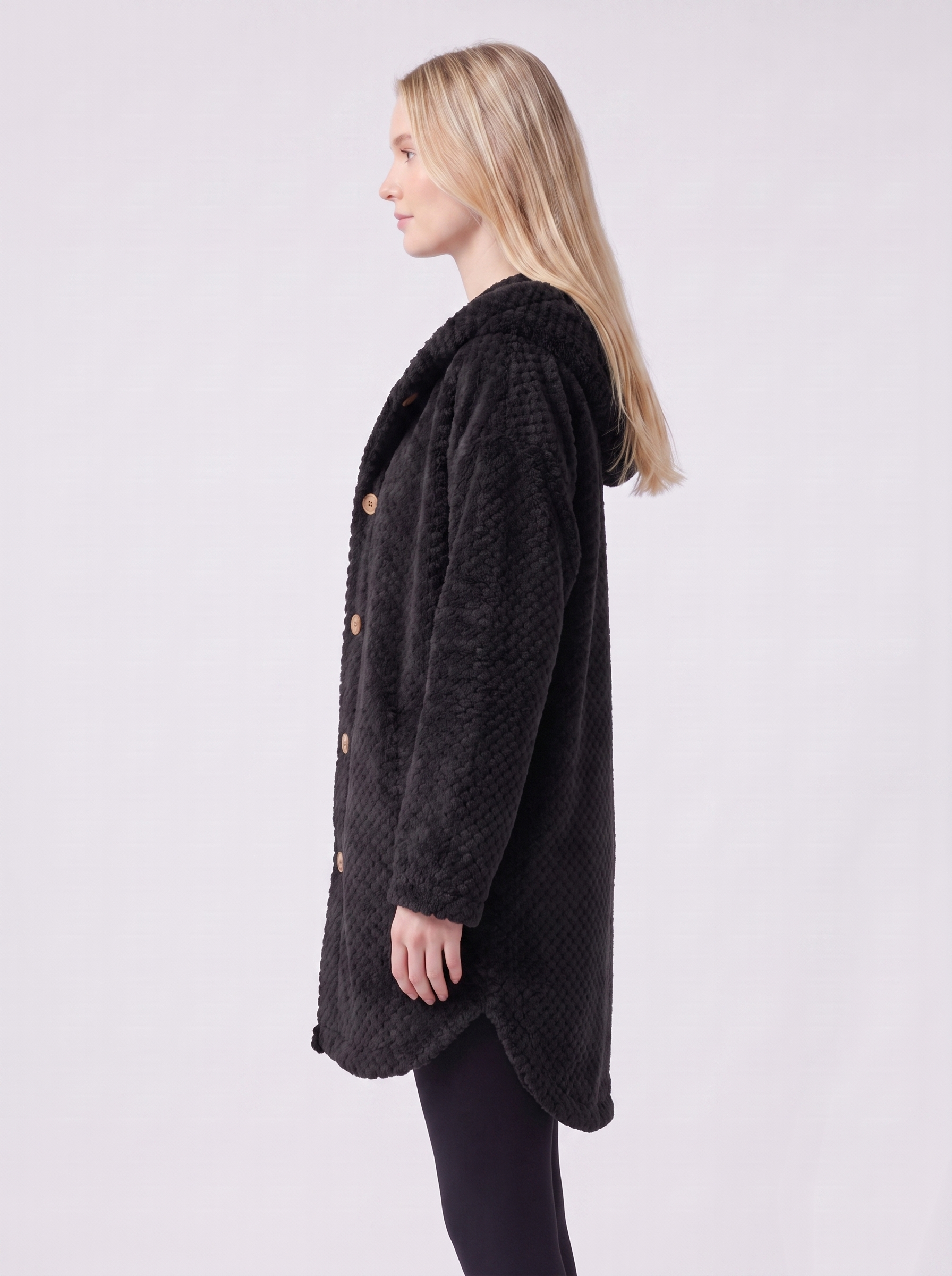 Lily | Black Ribbed Hooded Button-Up Coat Side