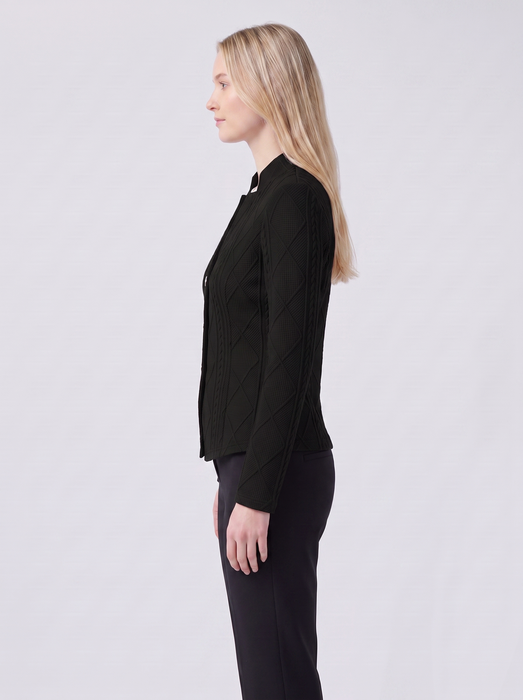 Lily | Black Textured Stand-Collar Knit Jacket Side
