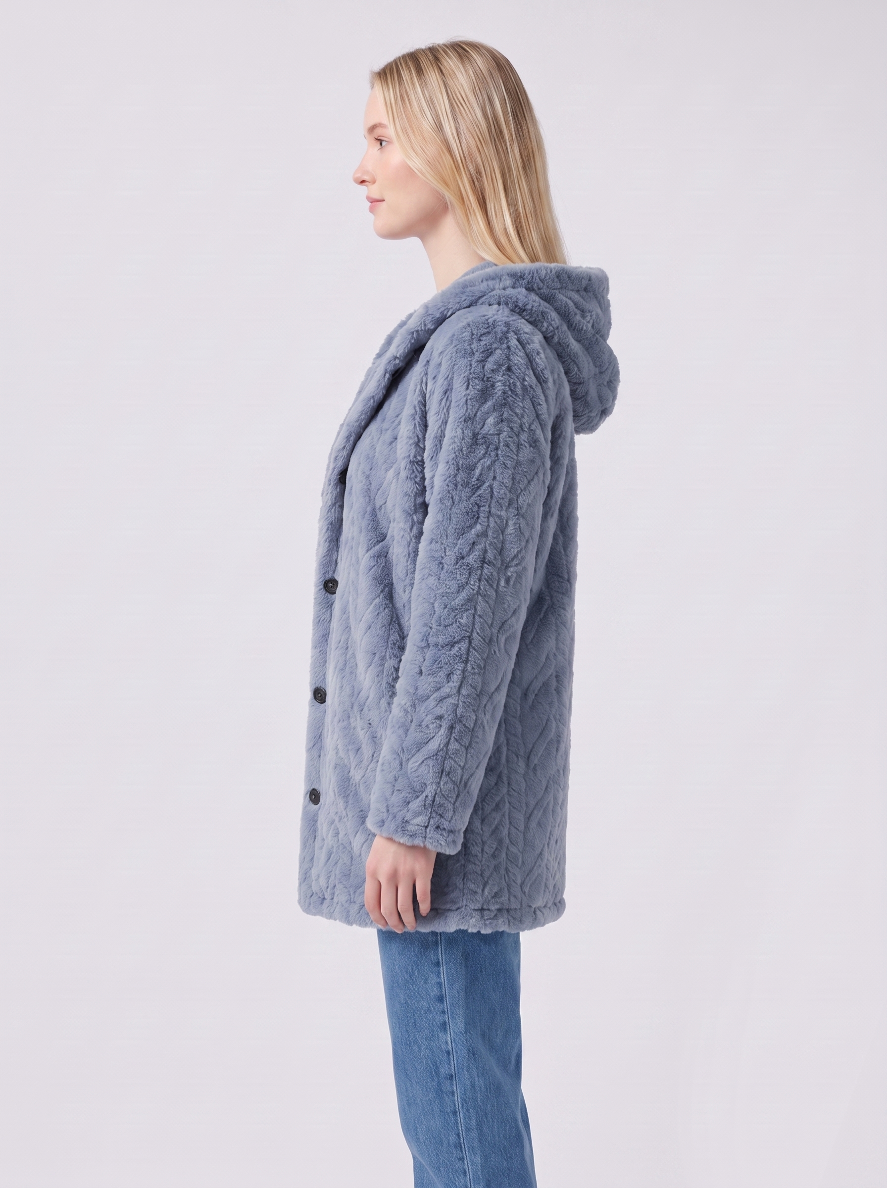 Lily | Blue Faux Fur Hooded Button-Up Jacket Side