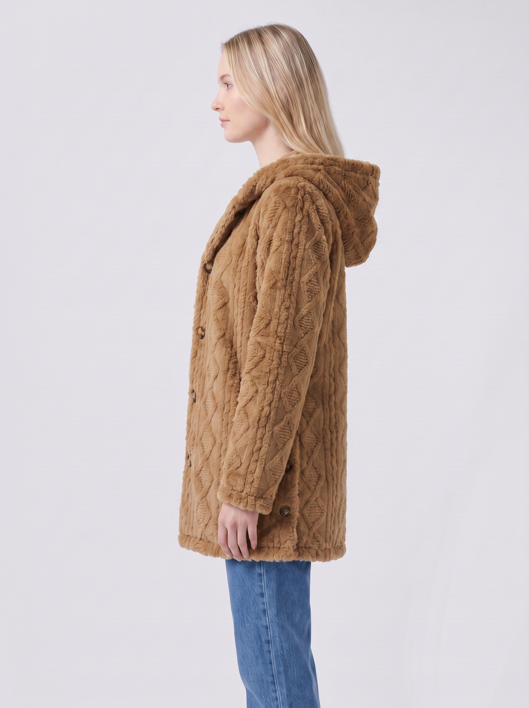 Lily | Brown Faux Fur Hooded Button-Up Jacket Side