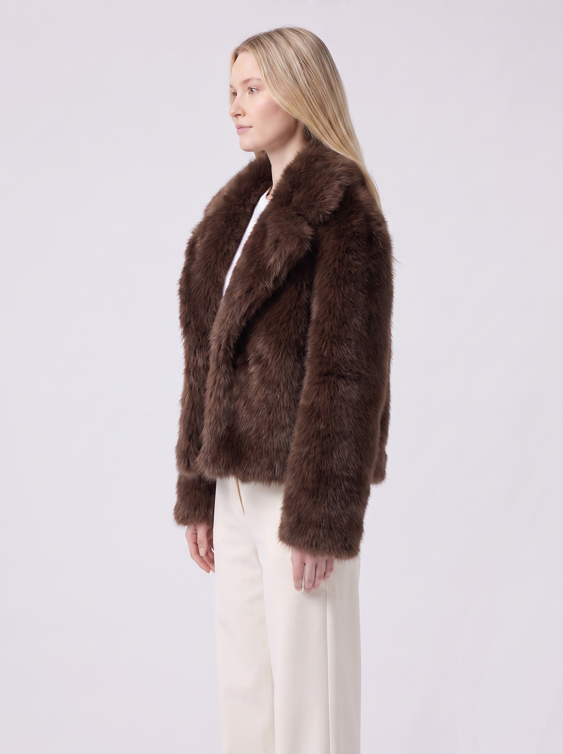 Lily | Brown Faux Fur Oversized Collar Jacket Side