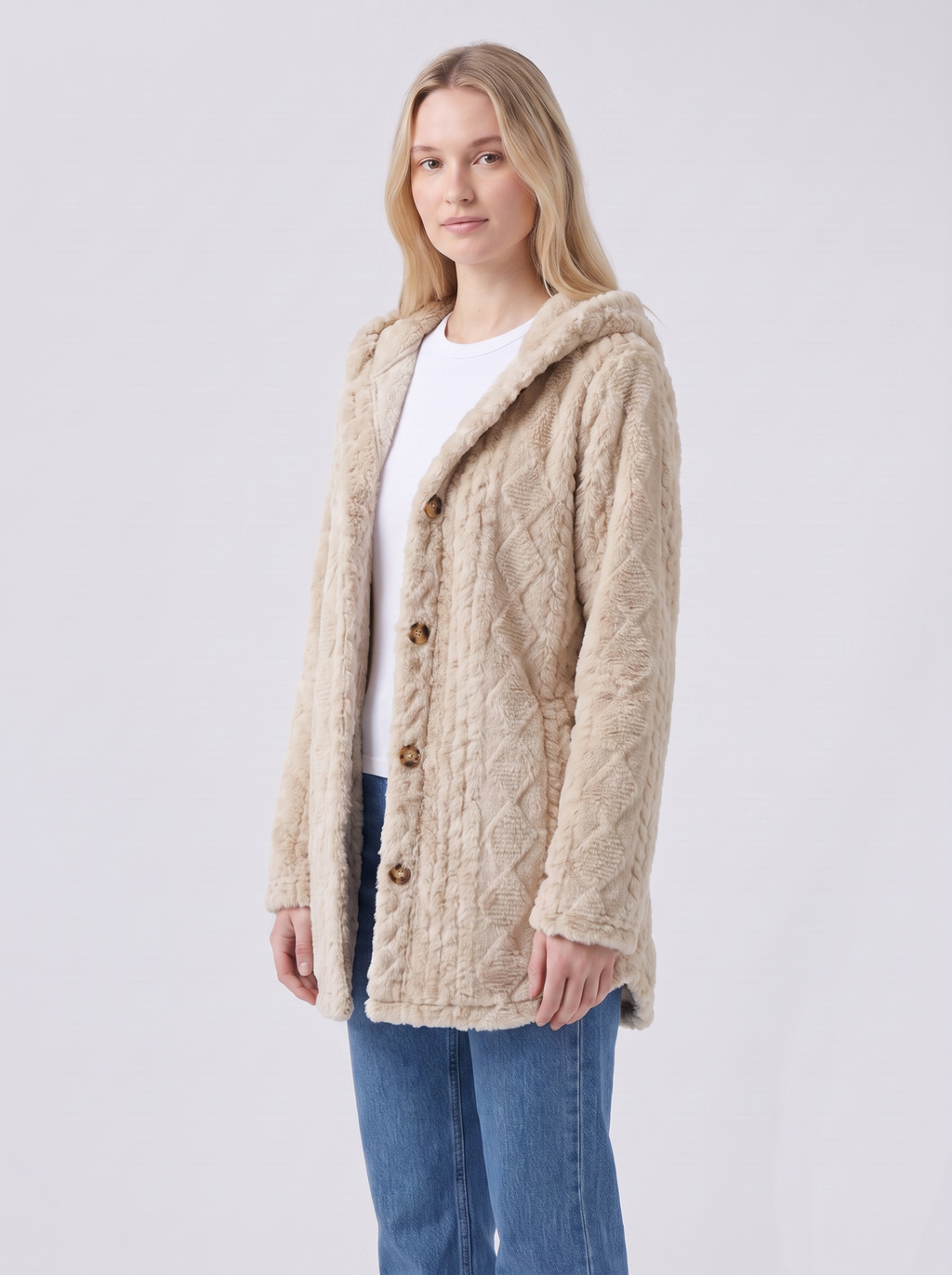 Lily | Beige Faux Fur Hooded Button-Up Jacket 3-4 Turn