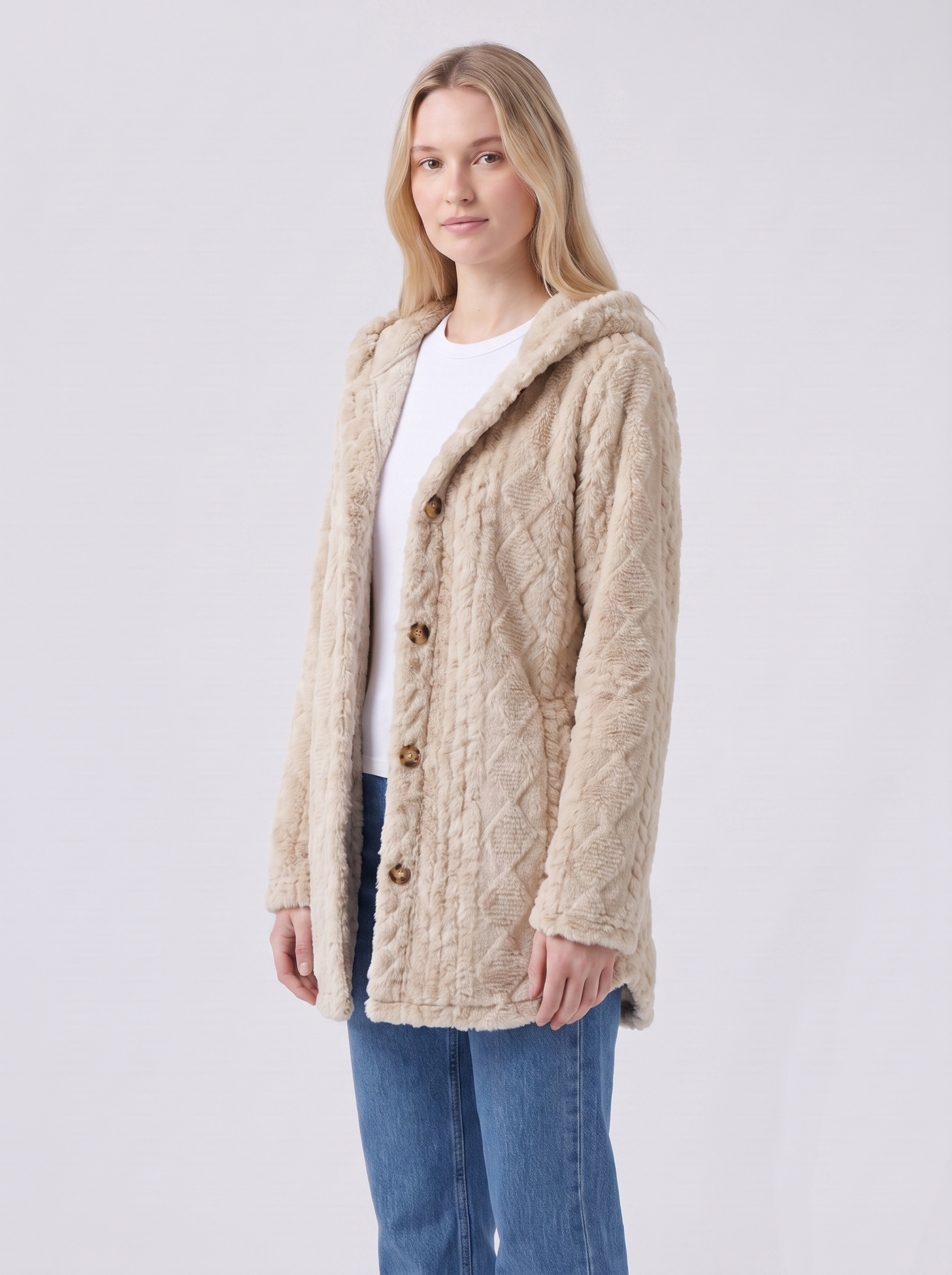 Lily | Beige Faux Fur Hooded Button-Up Jacket 3-4 Turn
