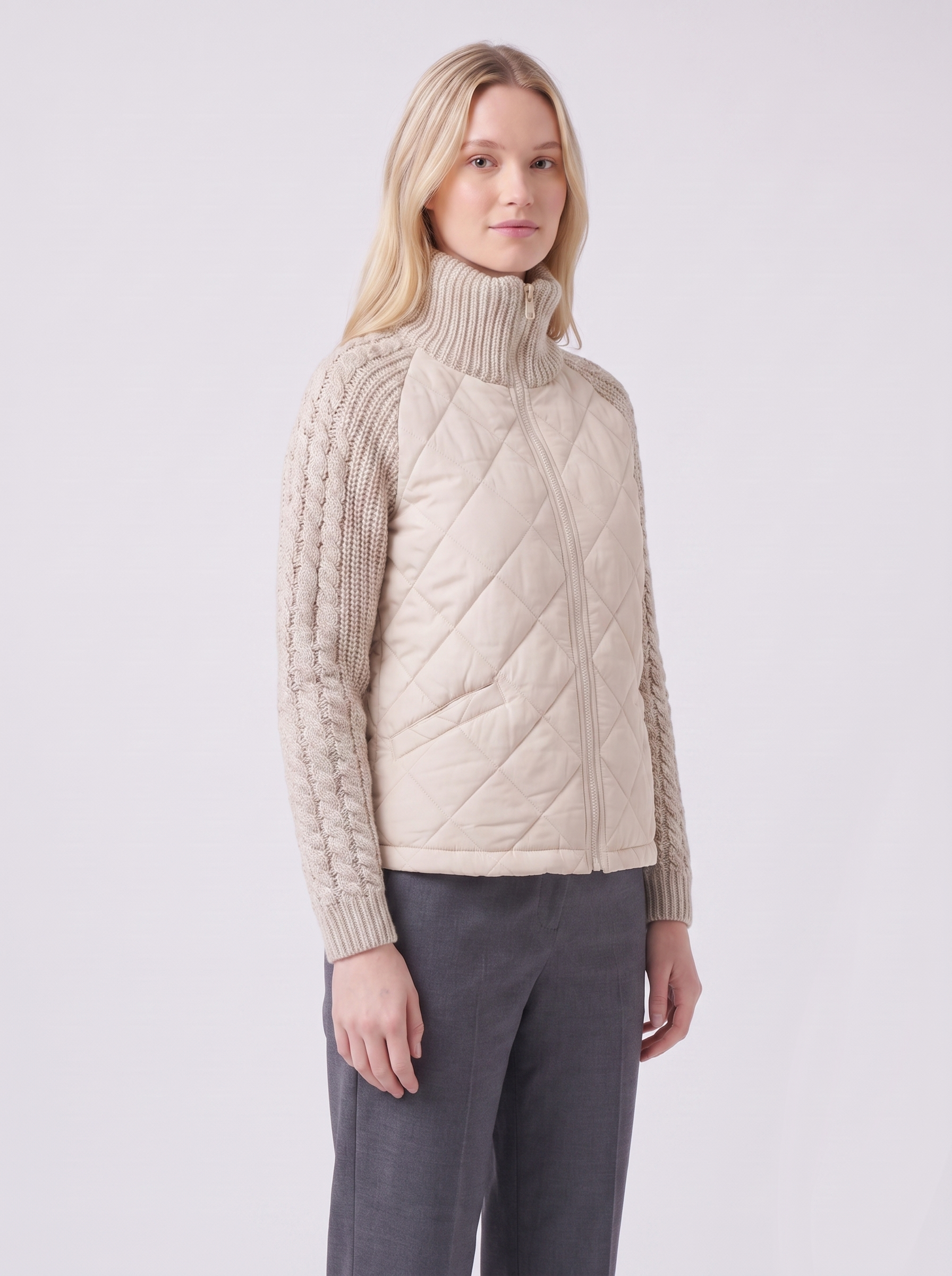 Lily | Beige Quilted Padded Puffer Jacket 3-4 Turn