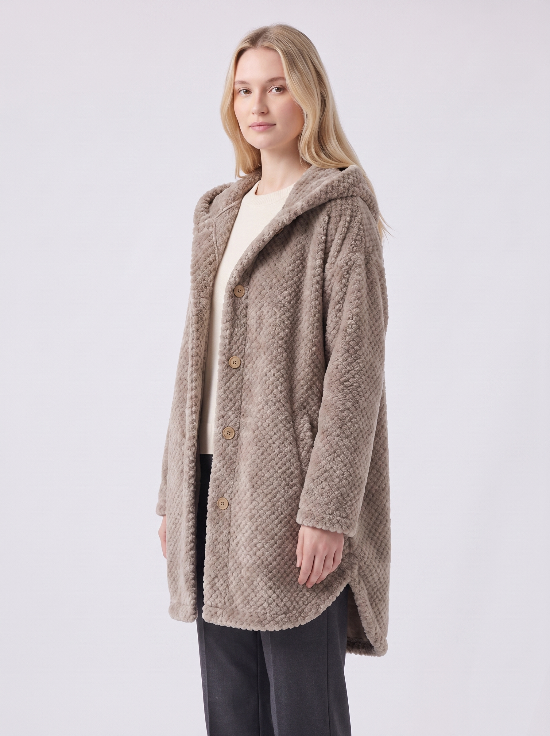 Lily | Beige Ribbed Hooded Button-Up Coat 3-4 Turn