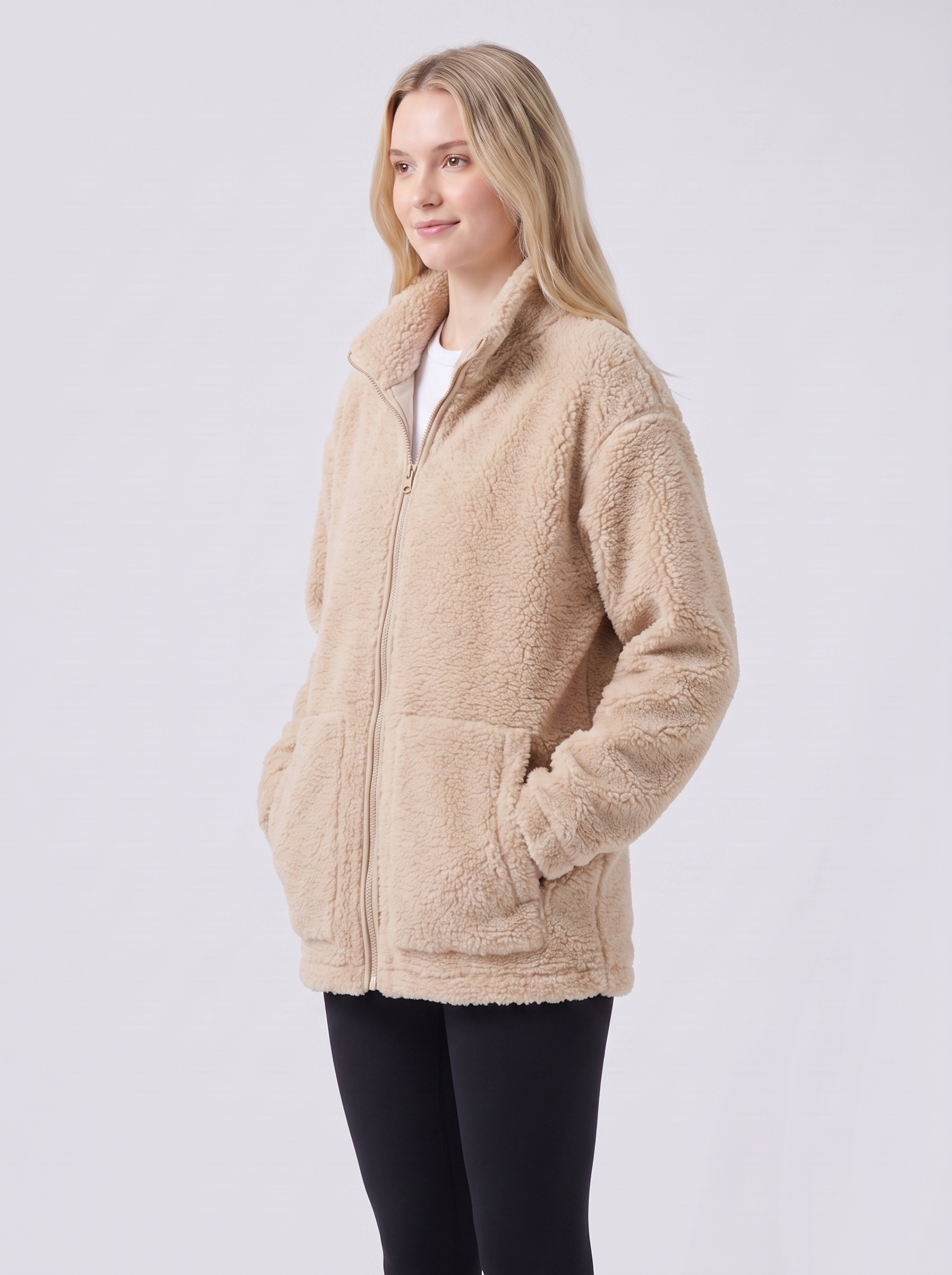 Lily | Beige Sherpa Teddy Zip-Up Jacket 3-4 Turn
