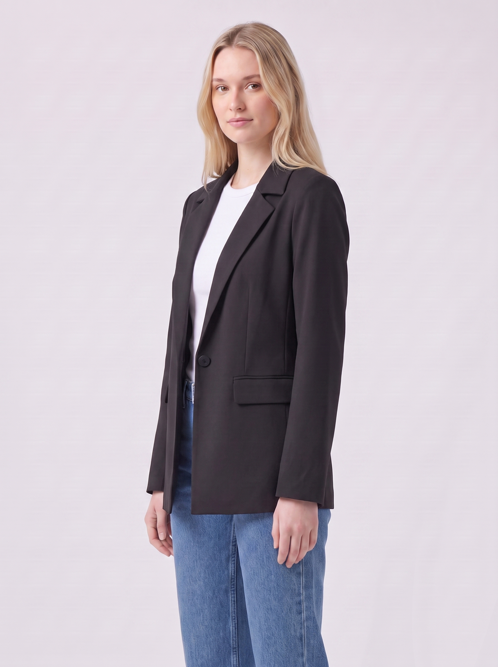 Lily | Black Relaxed Pocketed Button Blazer 3-4 Turn