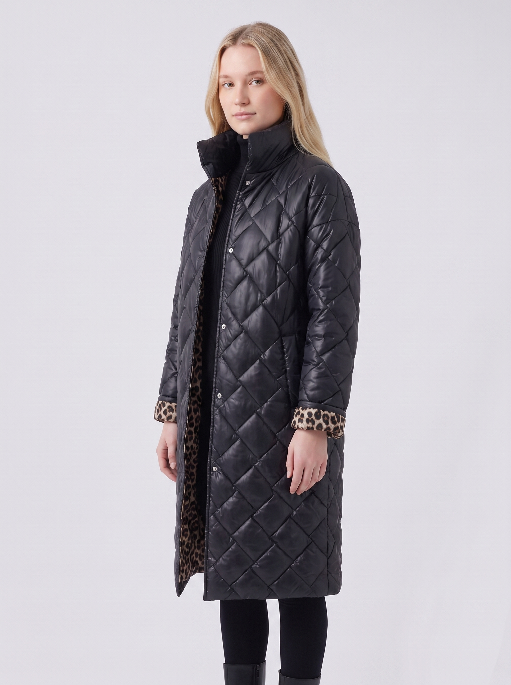 Lily | Black Reversible Quilted Leopard-Lined Coat 3-4 Turn