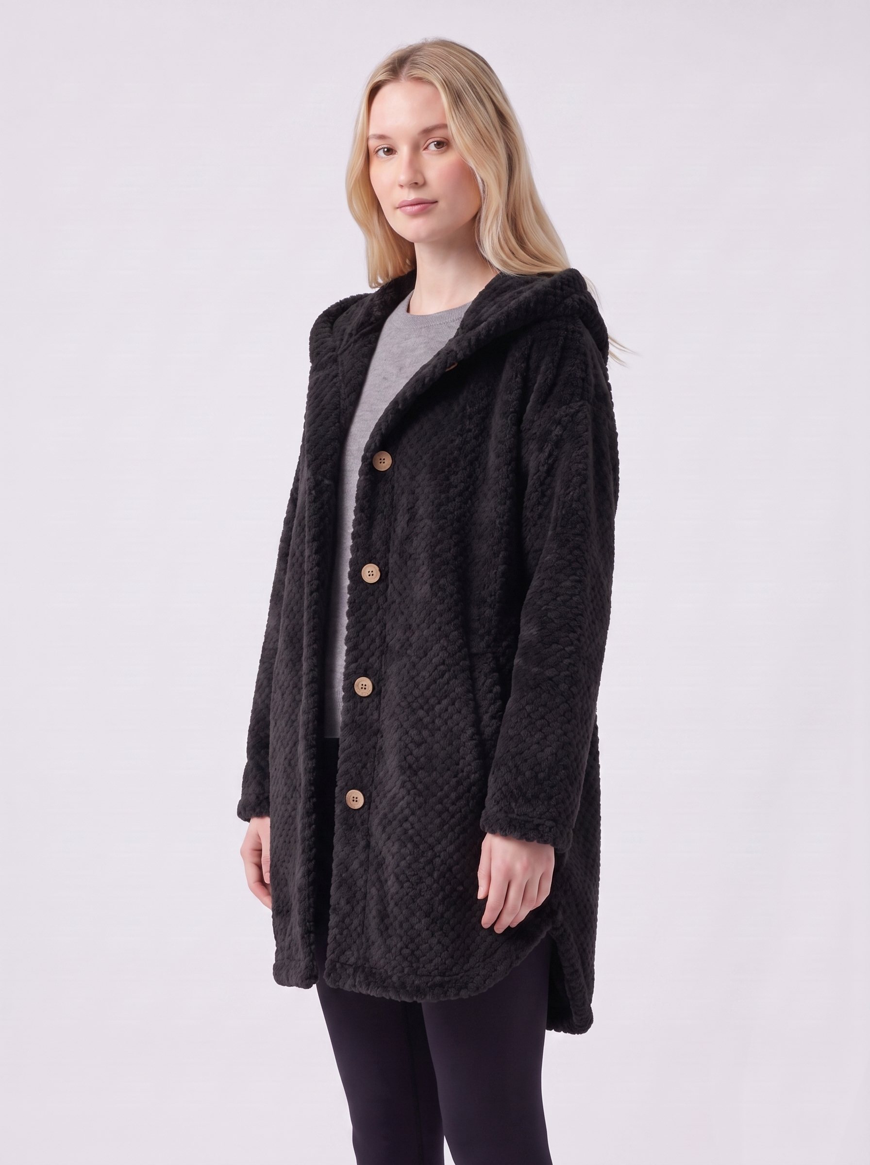 Lily | Black Ribbed Hooded Button-Up Coat 3-4 Turn