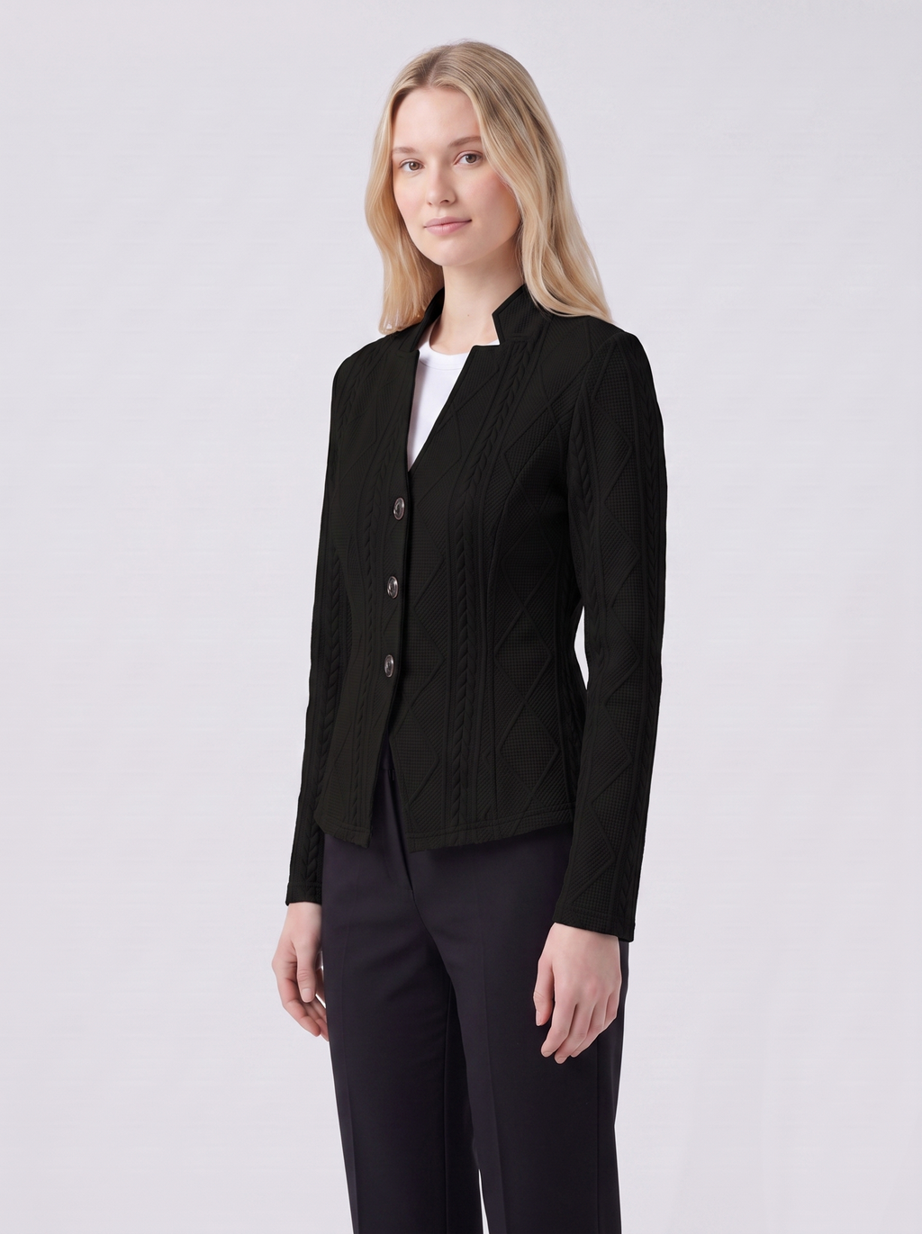 Lily | Black Textured Stand-Collar Knit Jacket 3-4 Turn