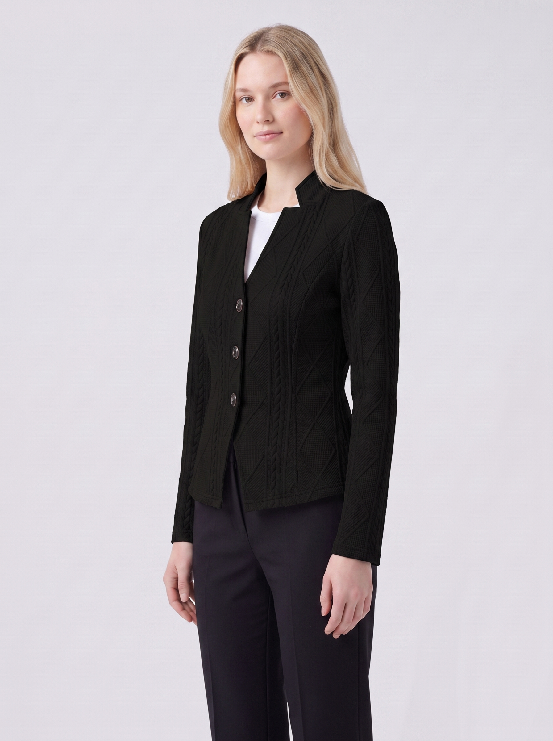 Lily | Black Textured Stand-Collar Knit Jacket 3-4 Turn