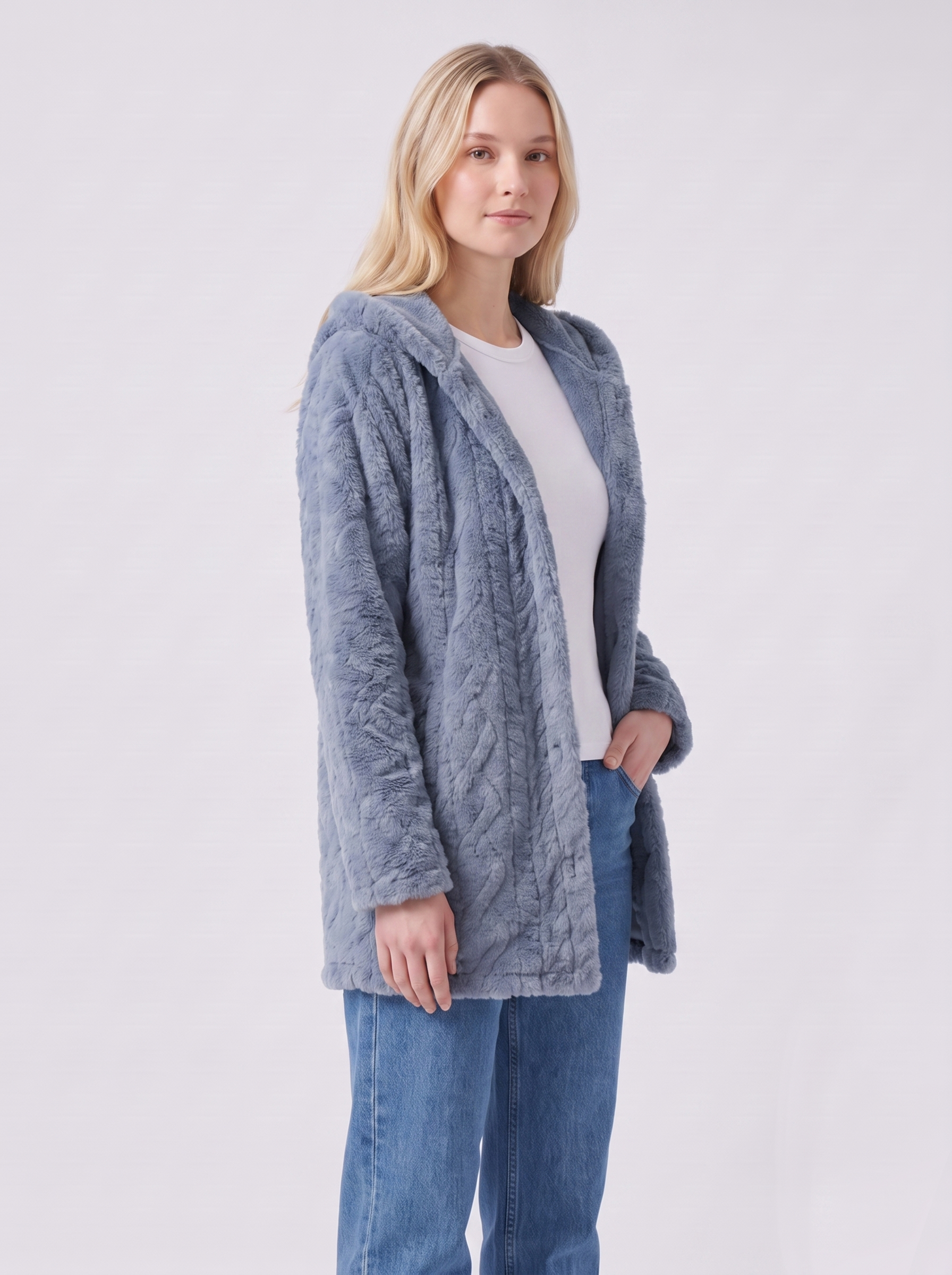 Lily | Blue Faux Fur Hooded Button-Up Jacket 3-4 Turn