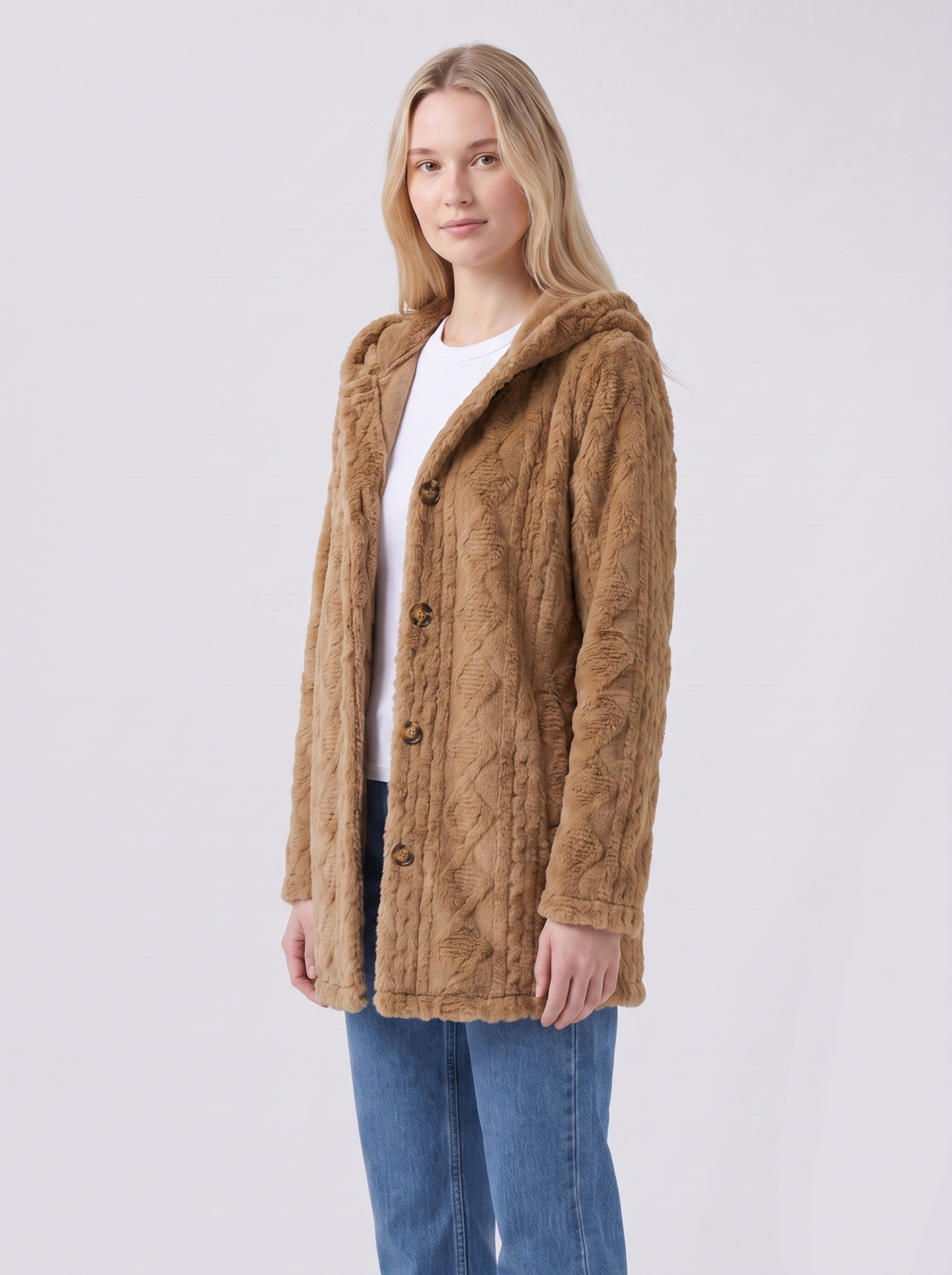 Lily | Brown Faux Fur Hooded Button-Up Jacket 3-4 Turn