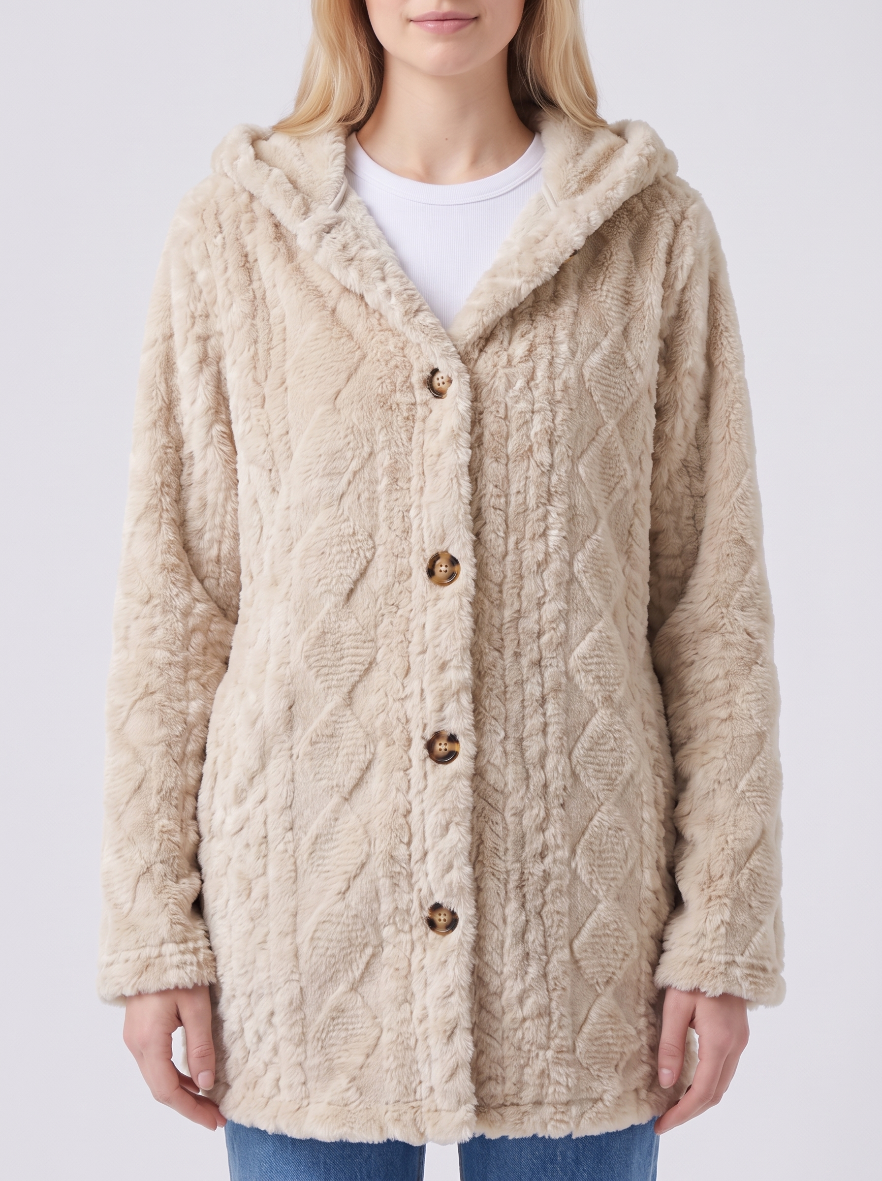 Lily | Beige Faux Fur Hooded Button-Up Jacket Close-Up