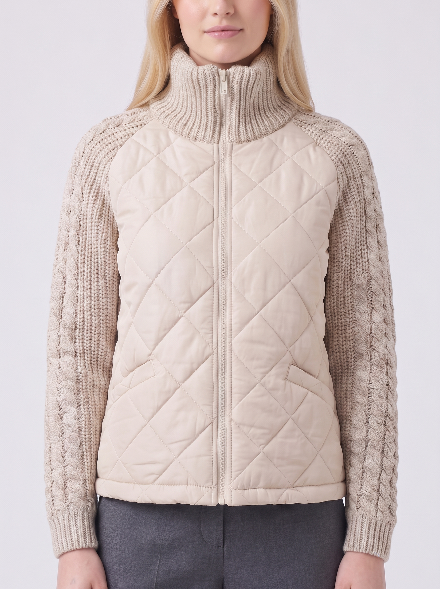 Lily | Beige Quilted Padded Puffer Jacket Close-Up