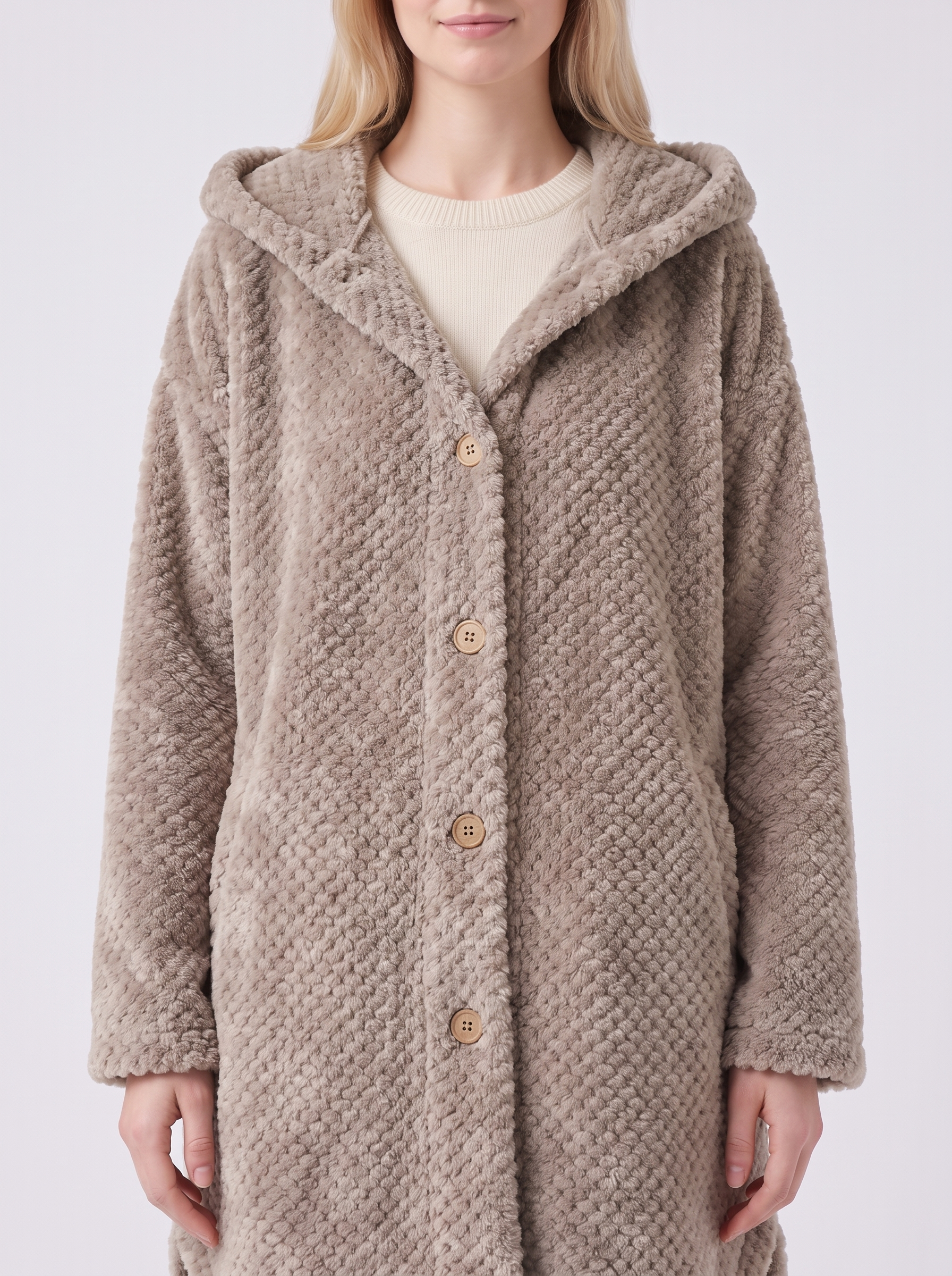 Lily | Beige Ribbed Hooded Button-Up Coat Close-Up