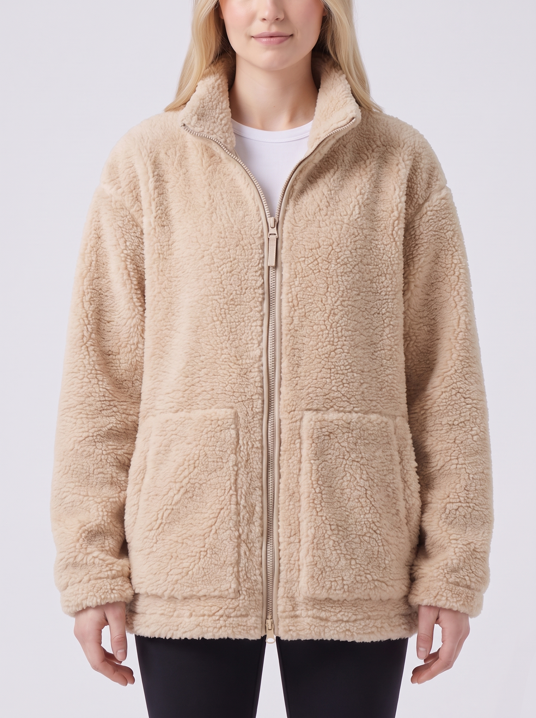 Lily | Beige Sherpa Teddy Zip-Up Jacket Close-Up