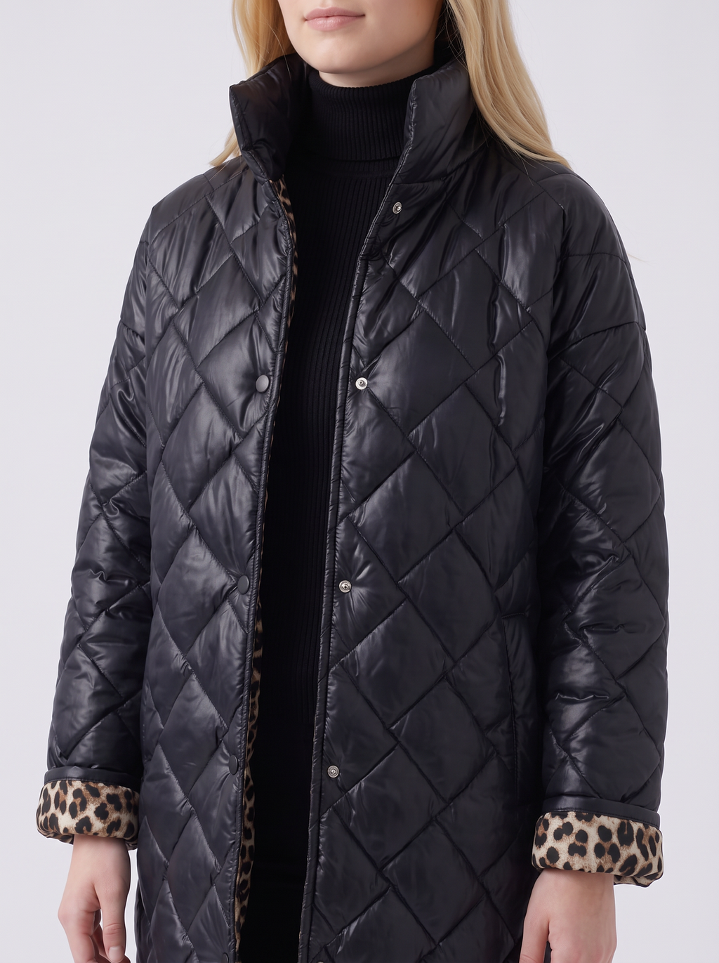Lily | Black Reversible Quilted Leopard-Lined Coat Close-Up