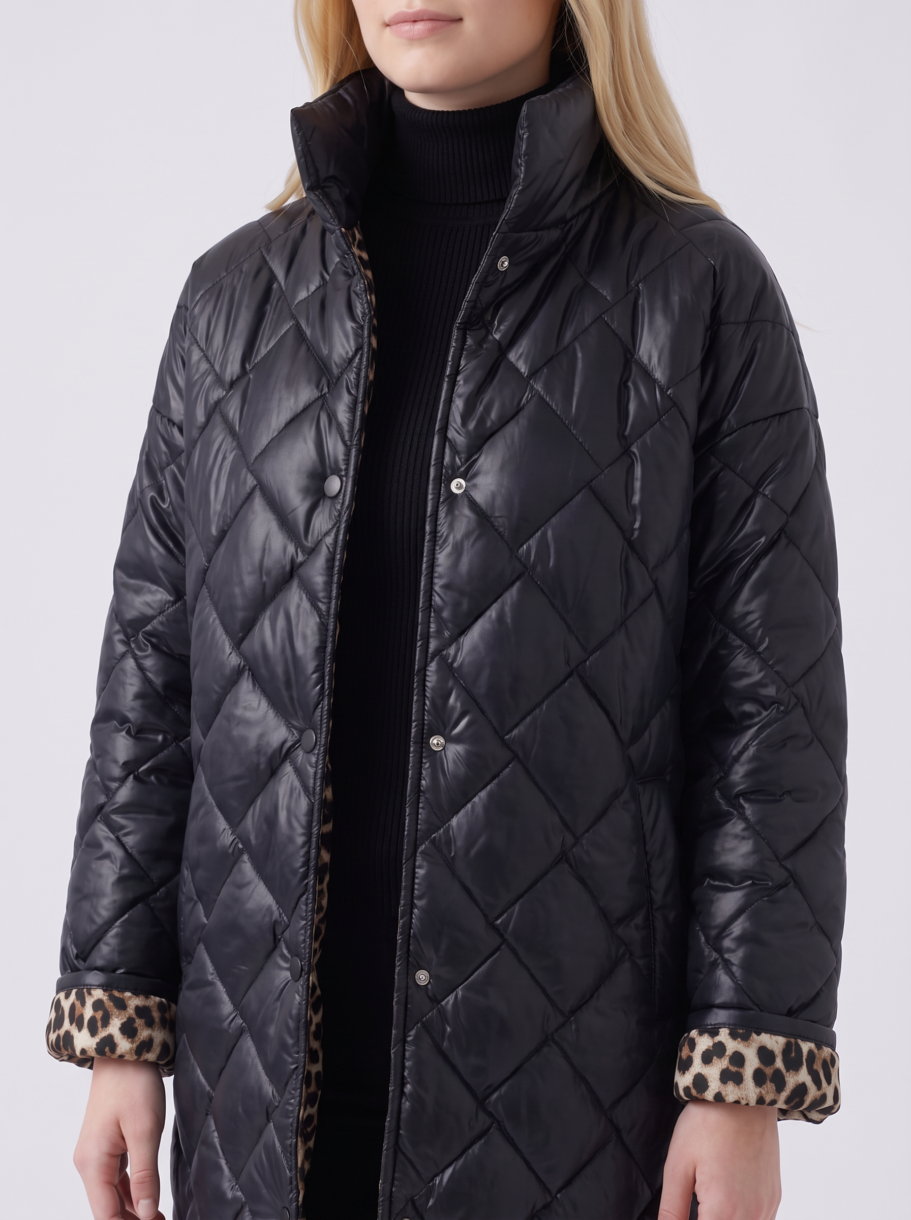 Lily | Black Reversible Quilted Leopard-Lined Coat Close-Up