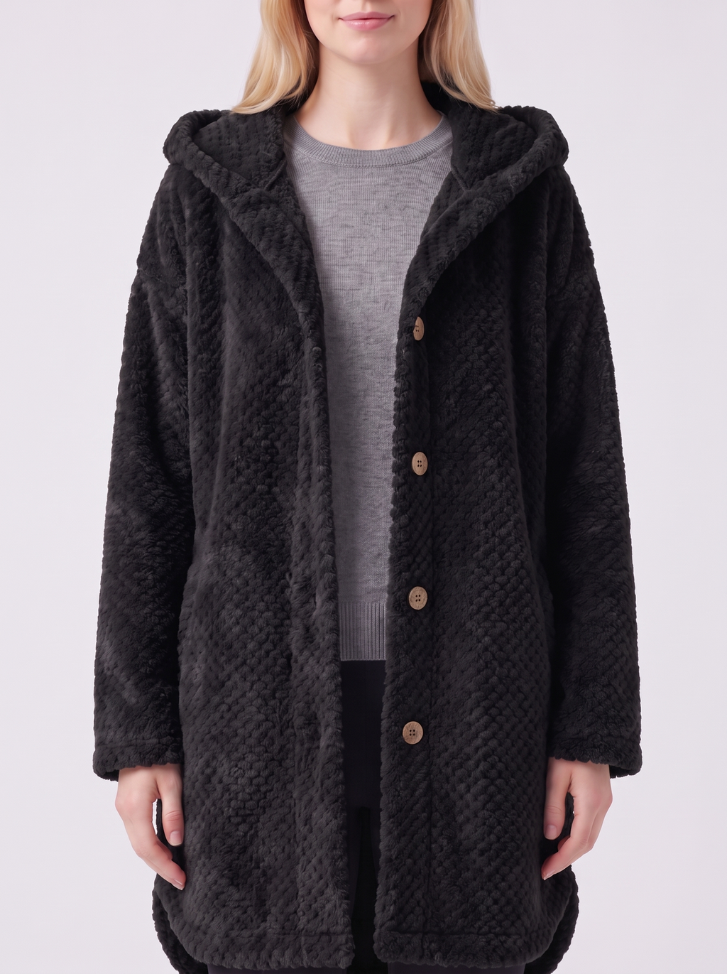 Lily | Black Ribbed Hooded Button-Up Coat Close-Up