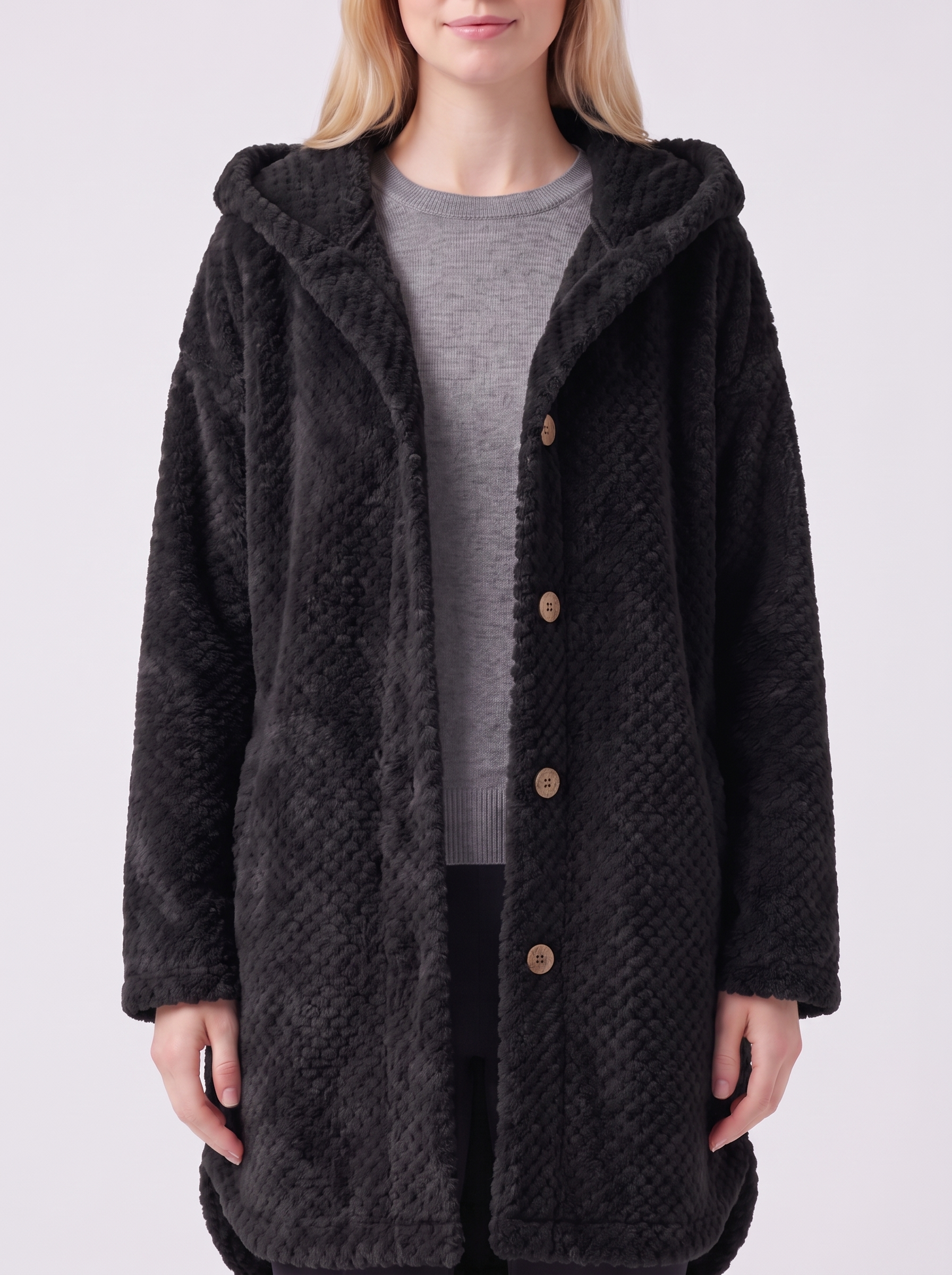 Lily | Black Ribbed Hooded Button-Up Coat Close-Up