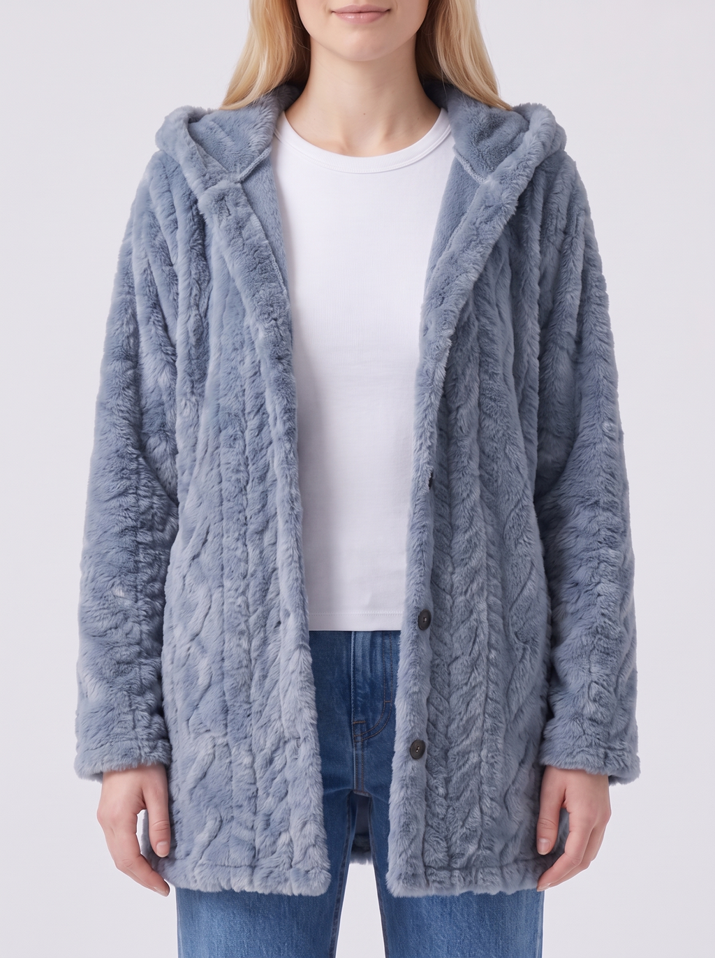 Lily | Blue Faux Fur Hooded Button-Up Jacket Close-Up