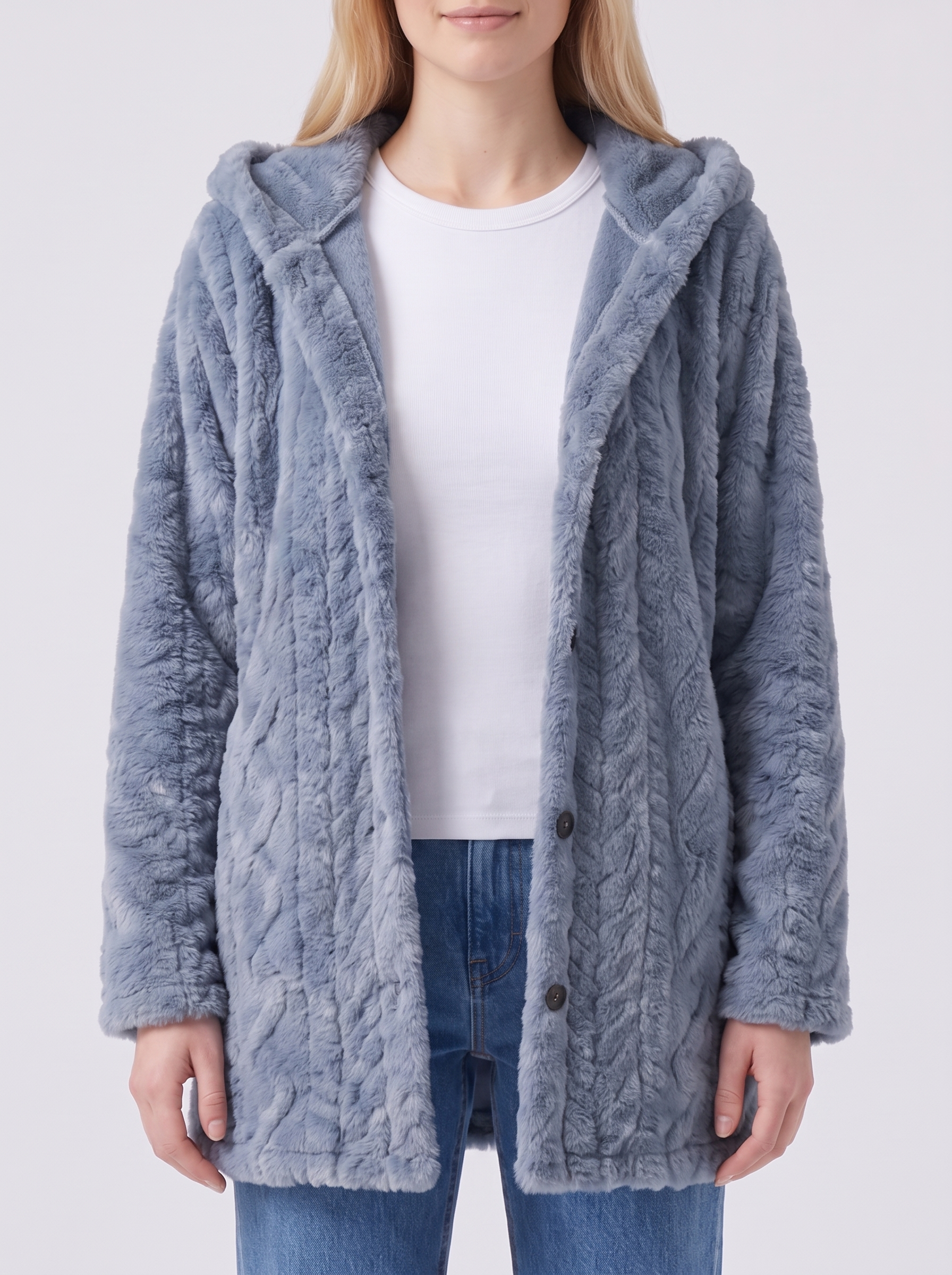 Lily | Blue Faux Fur Hooded Button-Up Jacket Close-Up